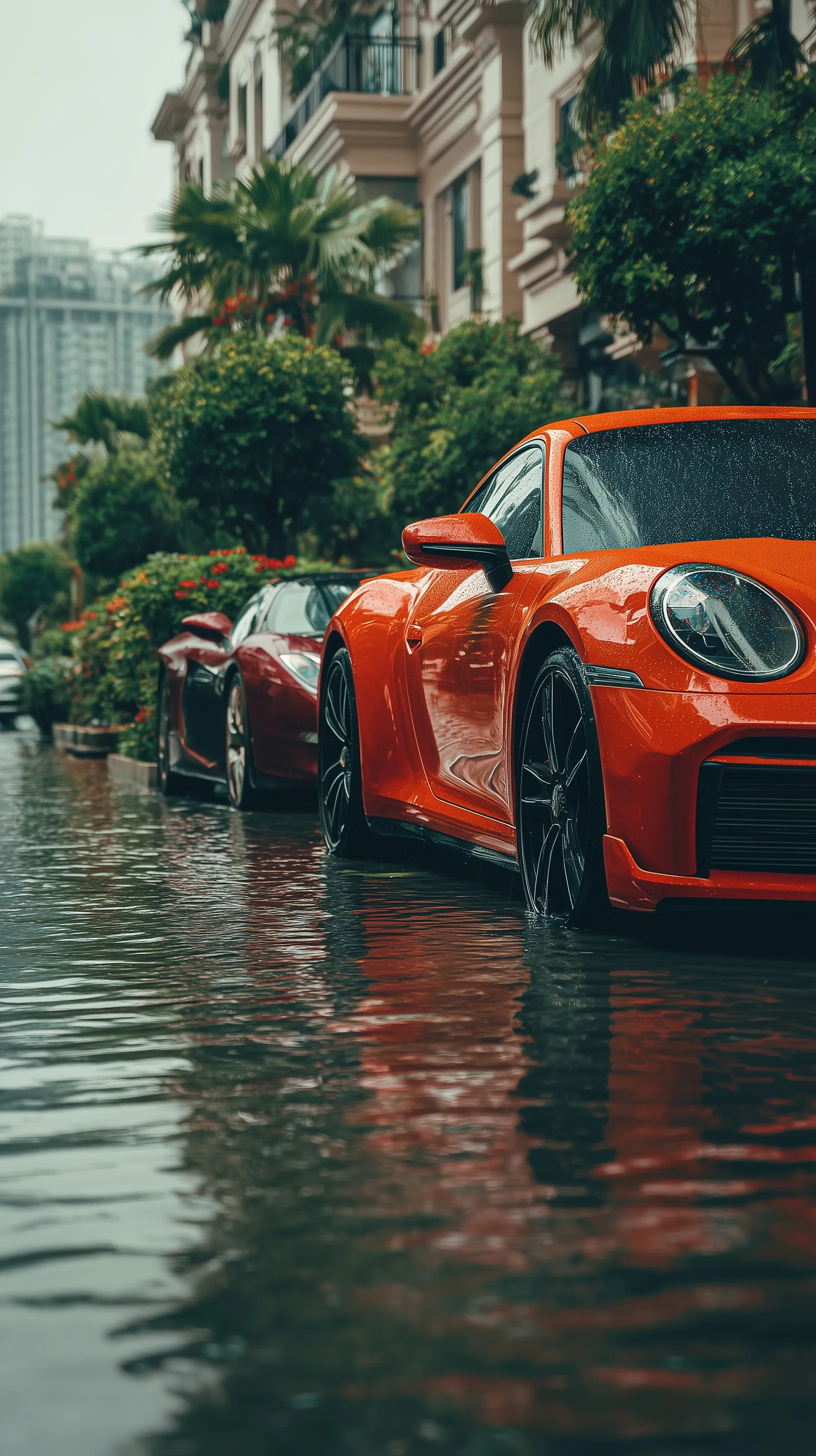 A luxury car submerged in floodwater during heavy rain, parked in a high-end residential outdoor lot.