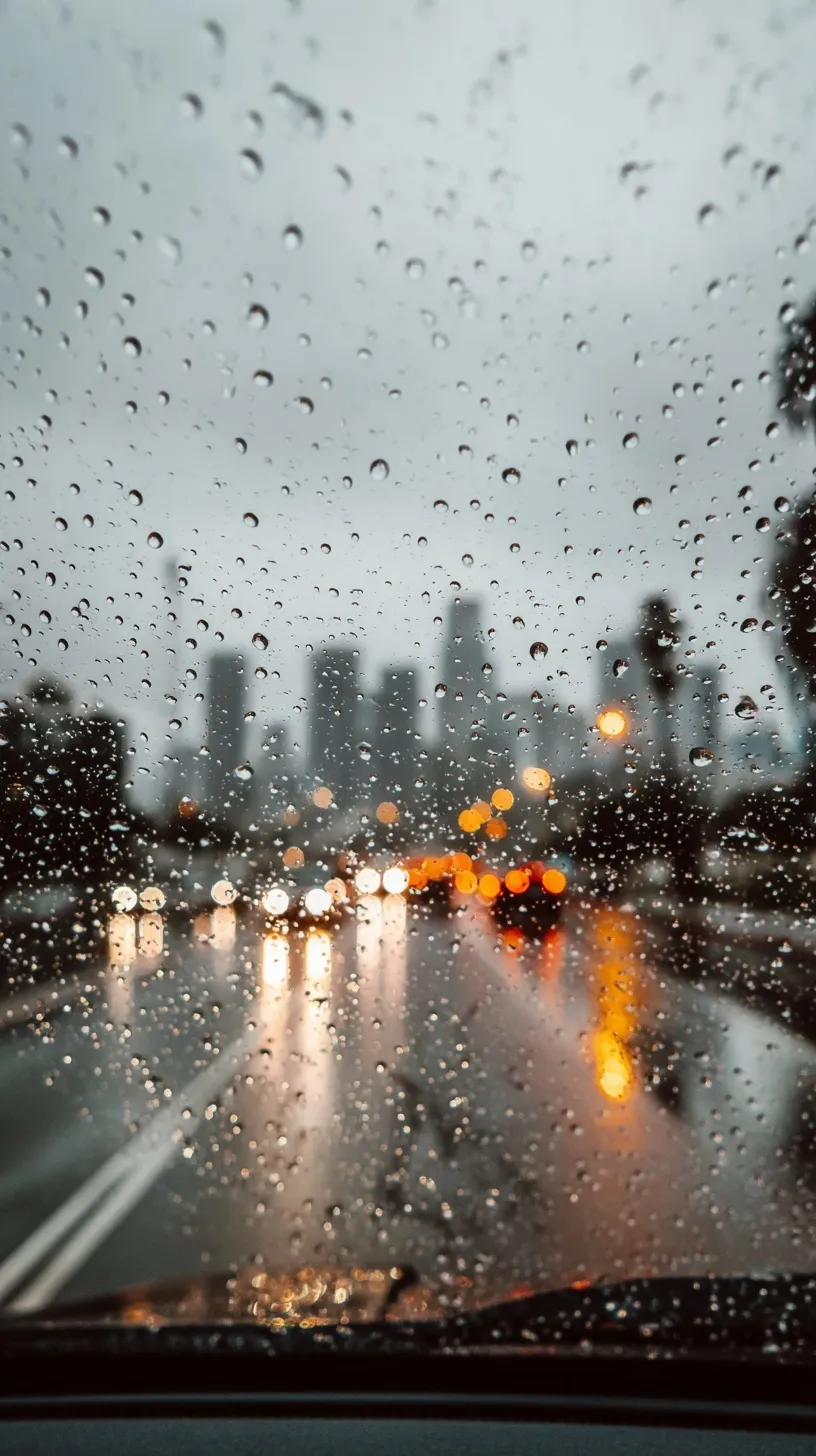 POV shot from inside a car driving through rainy Los Angeles with soft raindrops on the windshield at dawn.