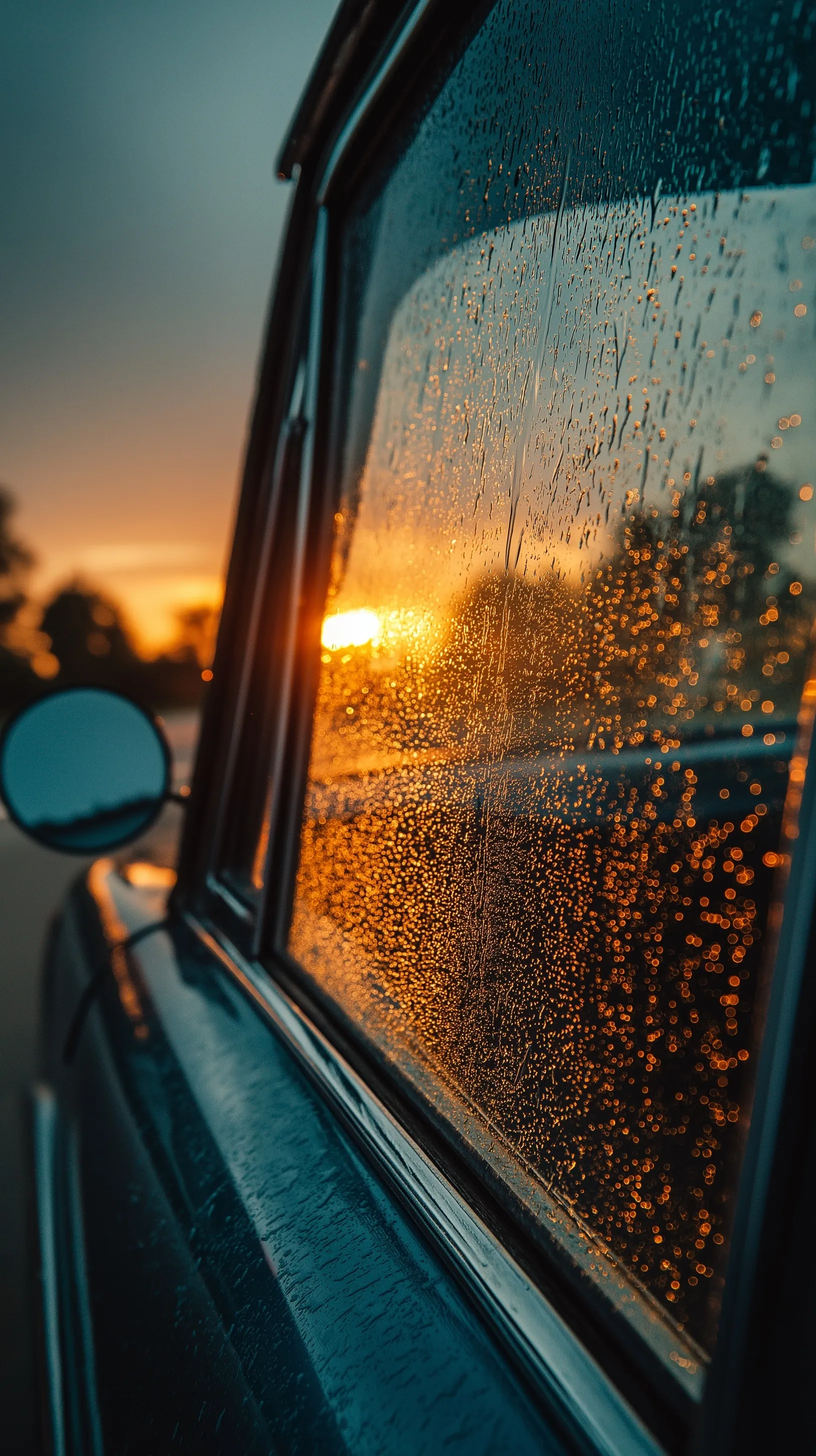 Close up of vintage car window with raindrops reflecting a sunset landscape, cinematic 70s cozy aesthetic.
