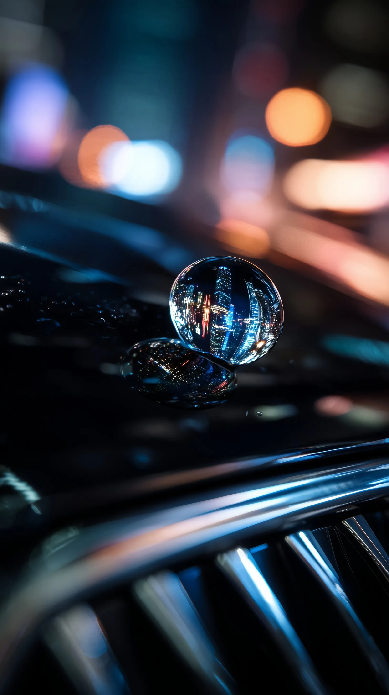 A macro water droplet on a black BMW i7 grille reflecting a futuristic city skyline at night.