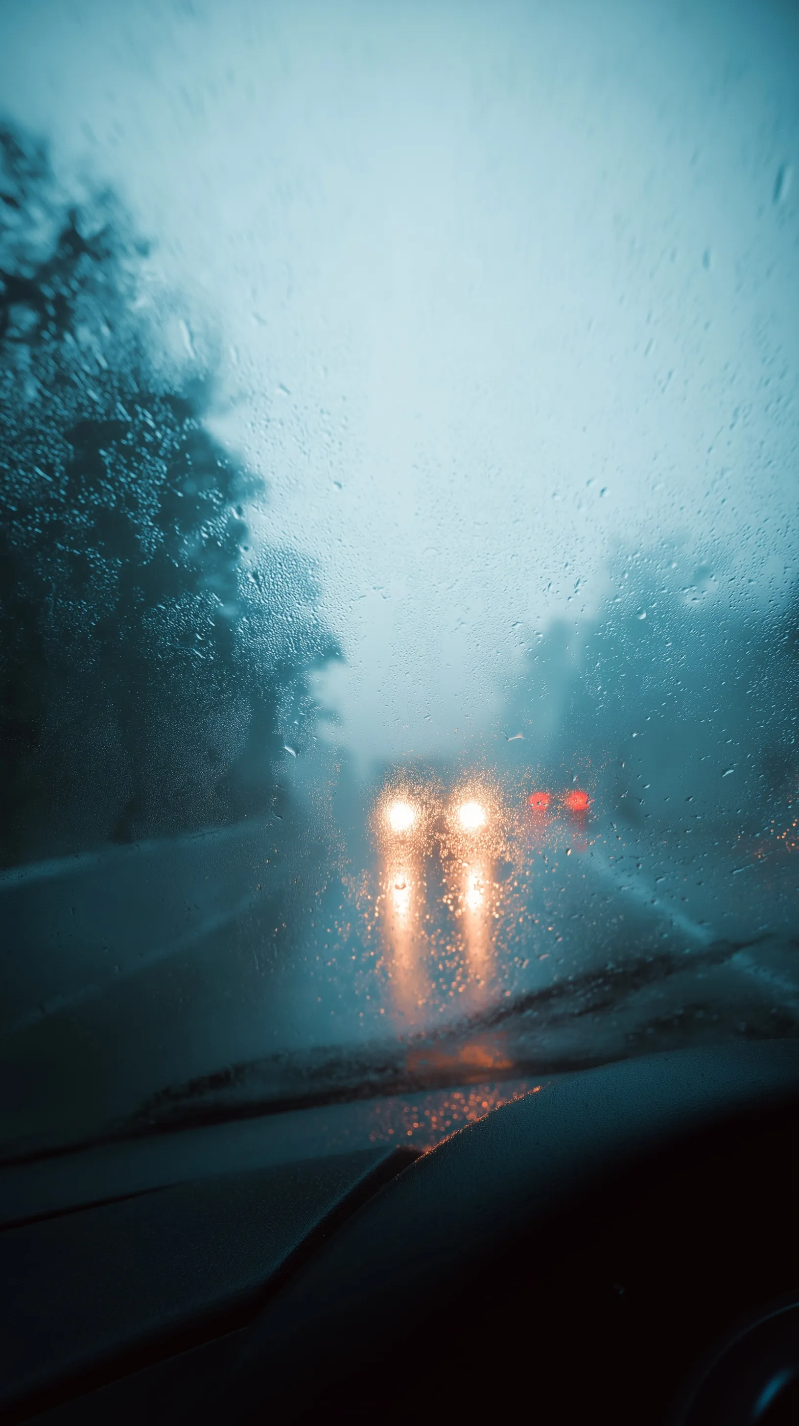 View from inside a car during heavy rain with foggy, moisture-covered windshield and blurred city headlights.