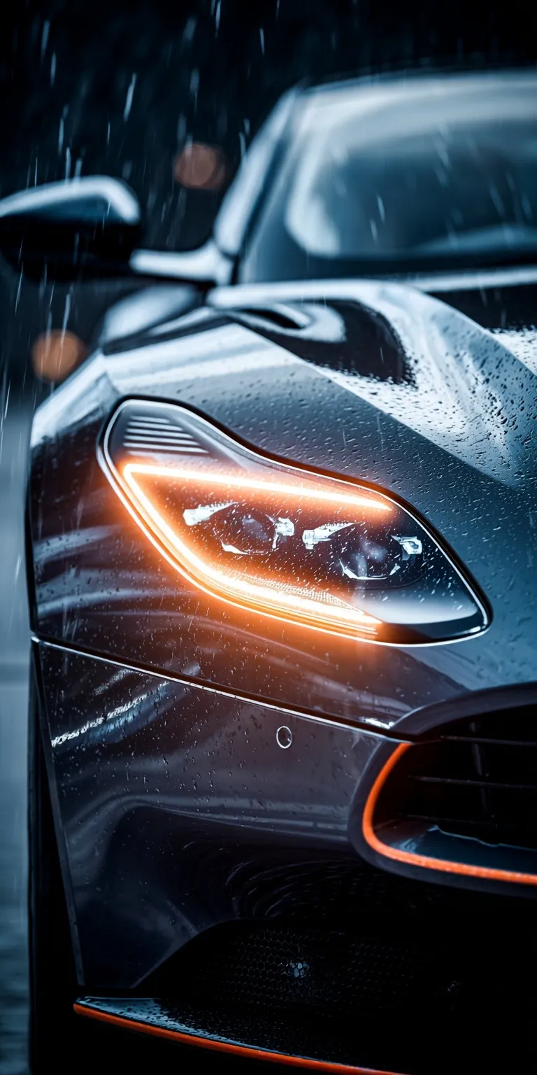 Bright sports car headlights shining through heavy rain on a dark road at night.