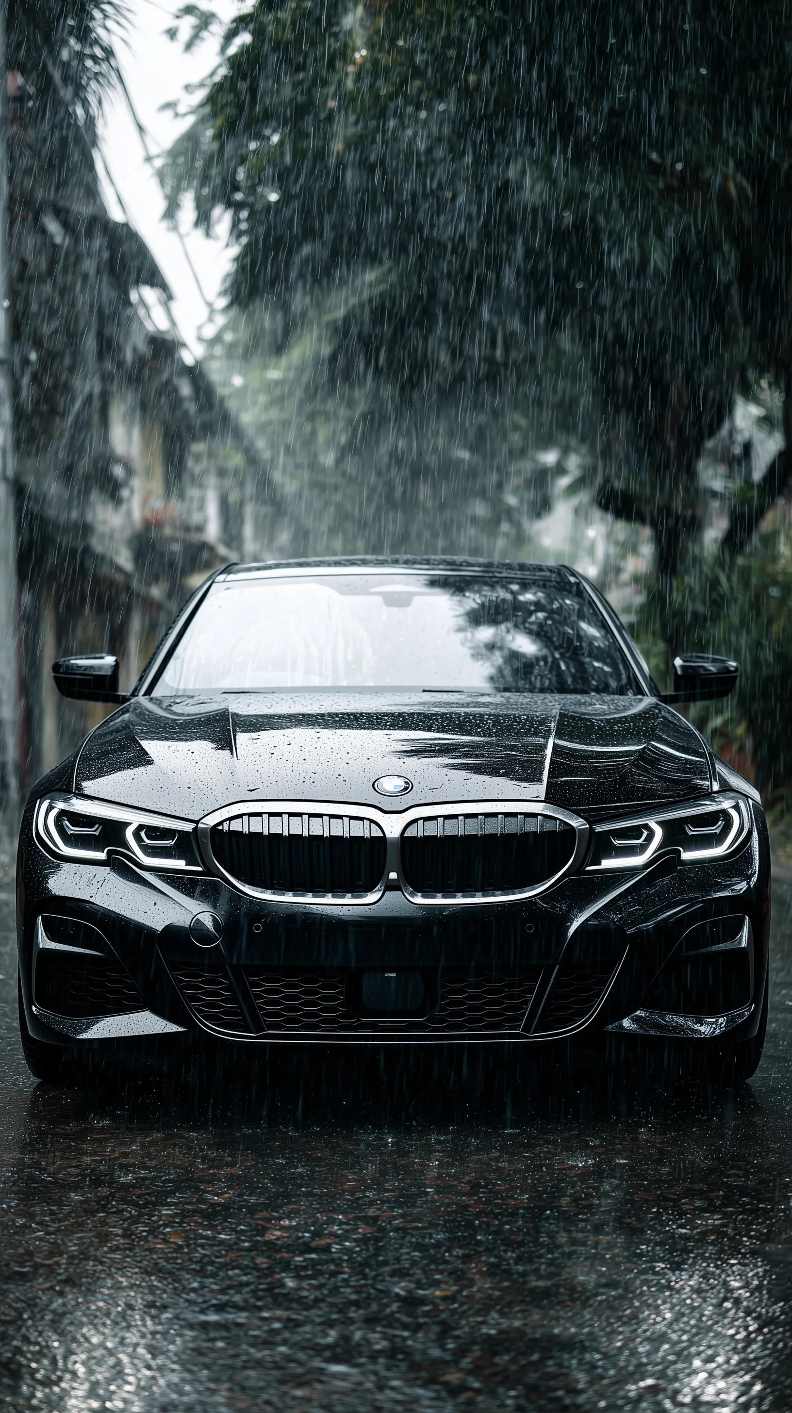 A sleek black BMW parked in heavy rain with water droplets streaming down the glossy car exterior.