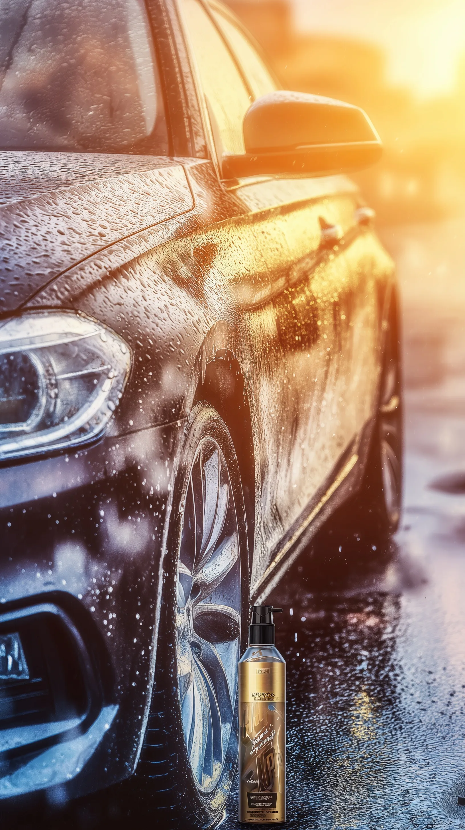 Sleek car with water drops and car wax bottle reflecting sunlight in a cinematic advertising shot.