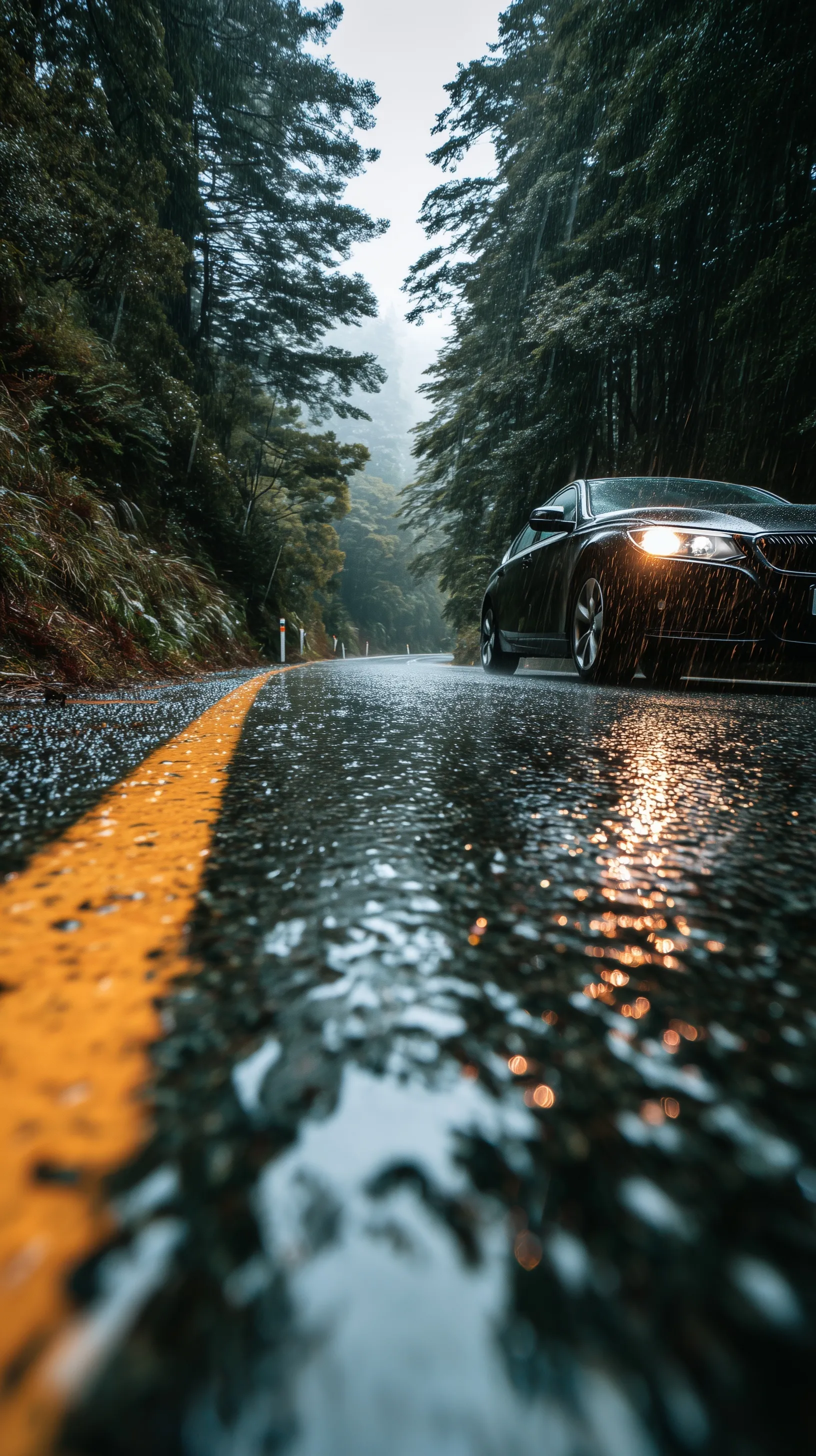 A solo car tire braking on a wet asphalt road during a rainy day, captured with wide-angle professional photography.