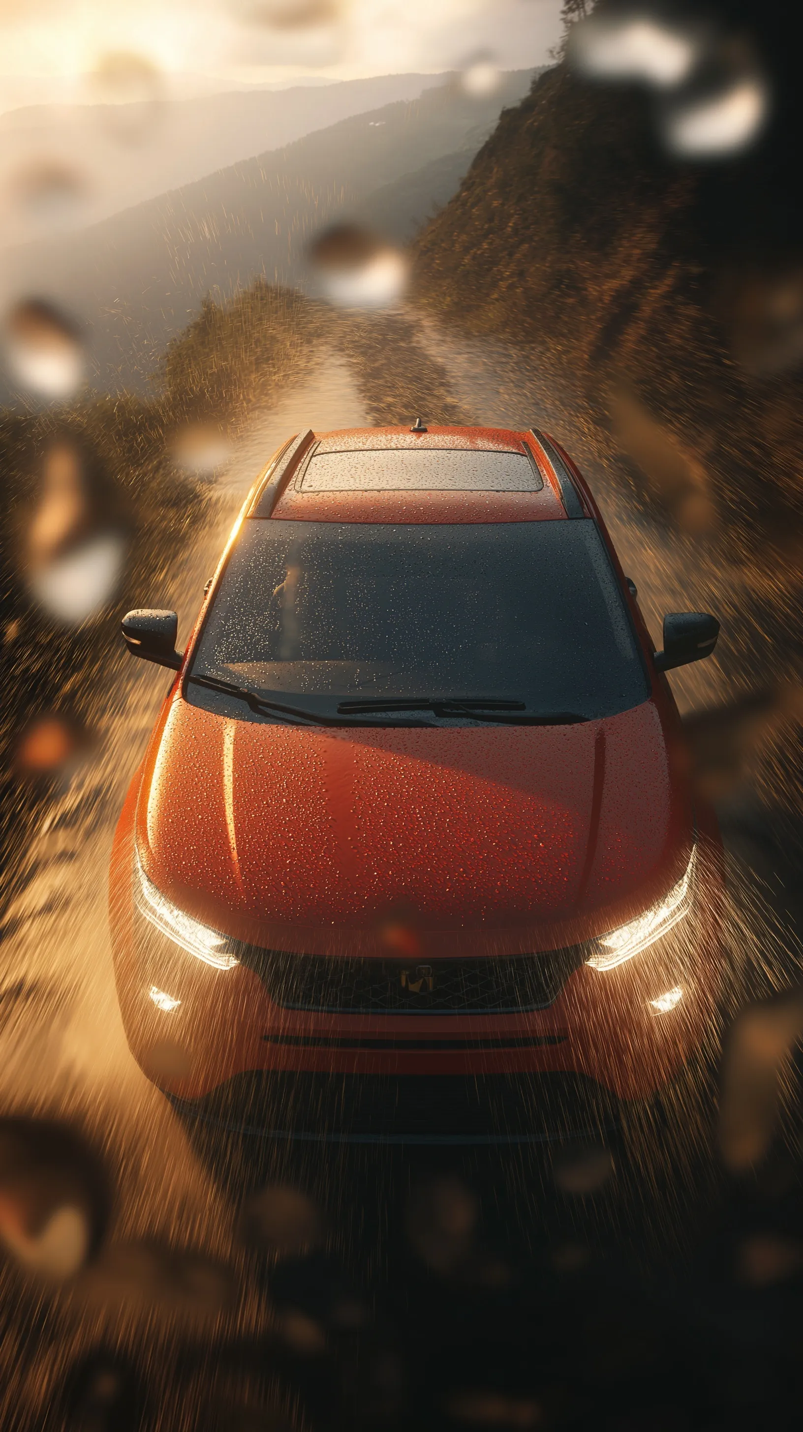 A red SUV driving on a muddy mountain road during rain with a windshield wiper clearing droplets at golden hour.