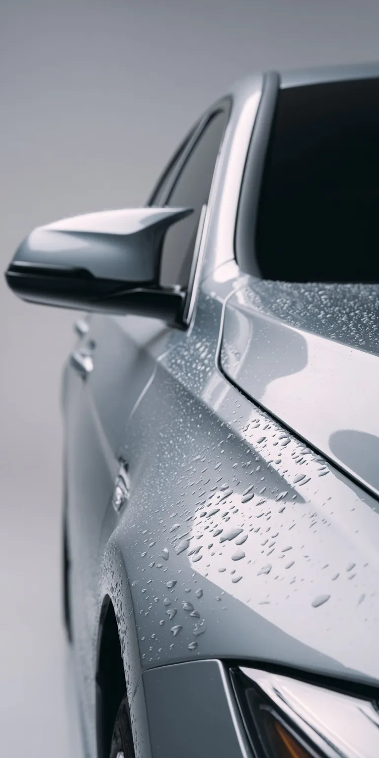 A silver car body with ceramic coating showing hydrophobic water droplets against a clean studio background.