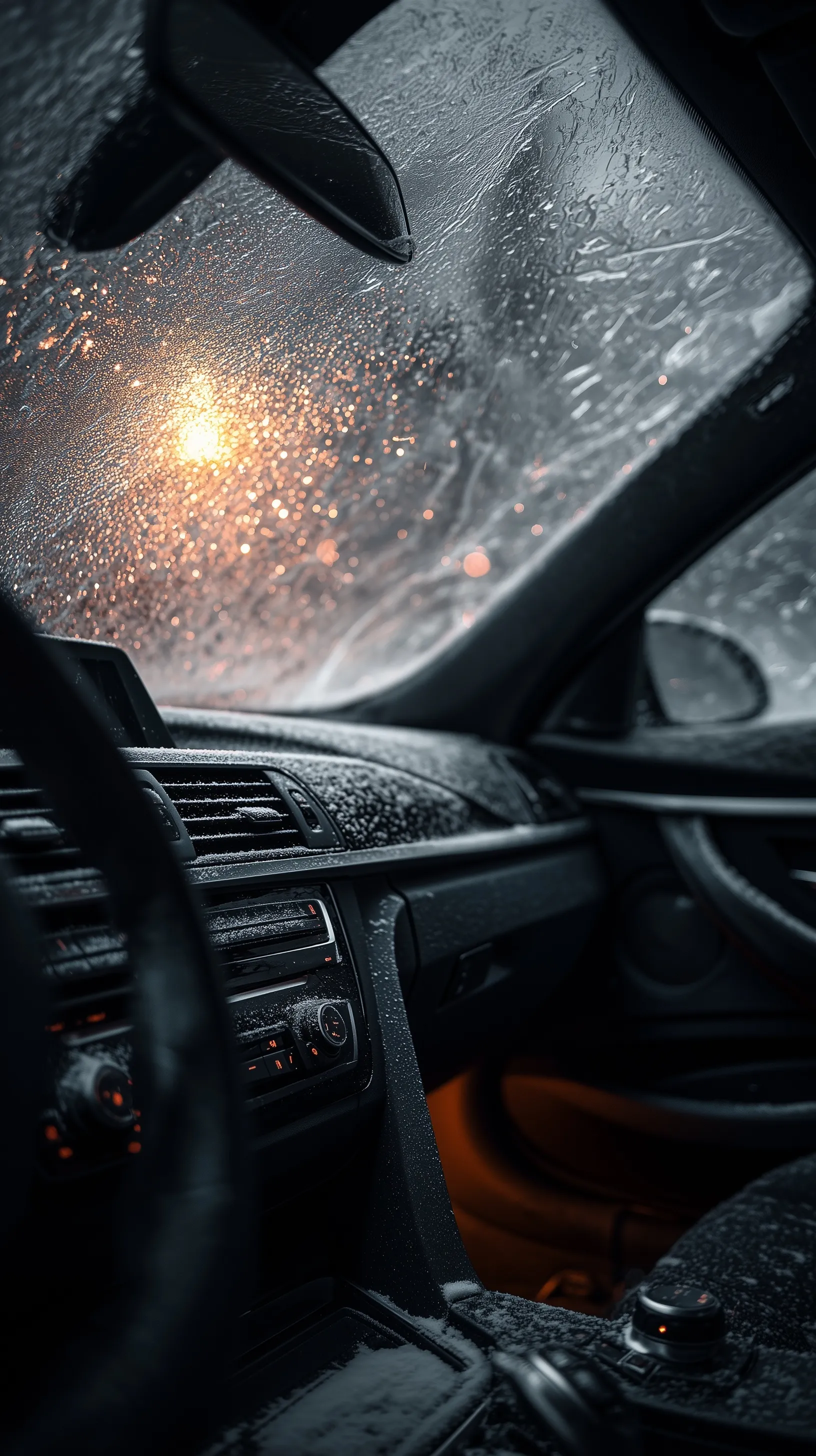 A sleek luxury car air conditioning vent covered in ice and snow with a moody, dark ambient aesthetic.