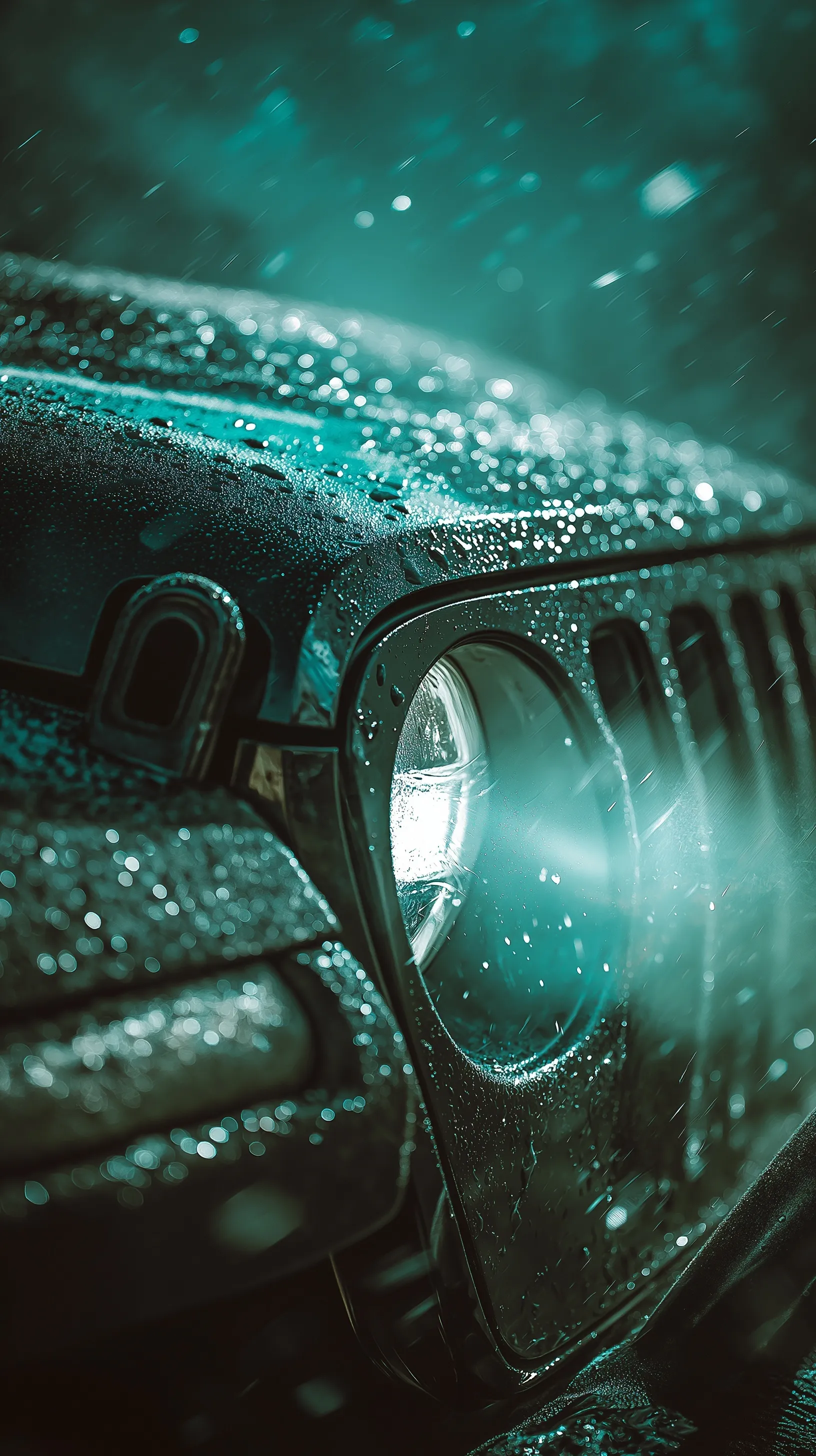 Extreme close-up of a Jeep Wrangler Rubicon hood with emerald light reflections and textured surface details.