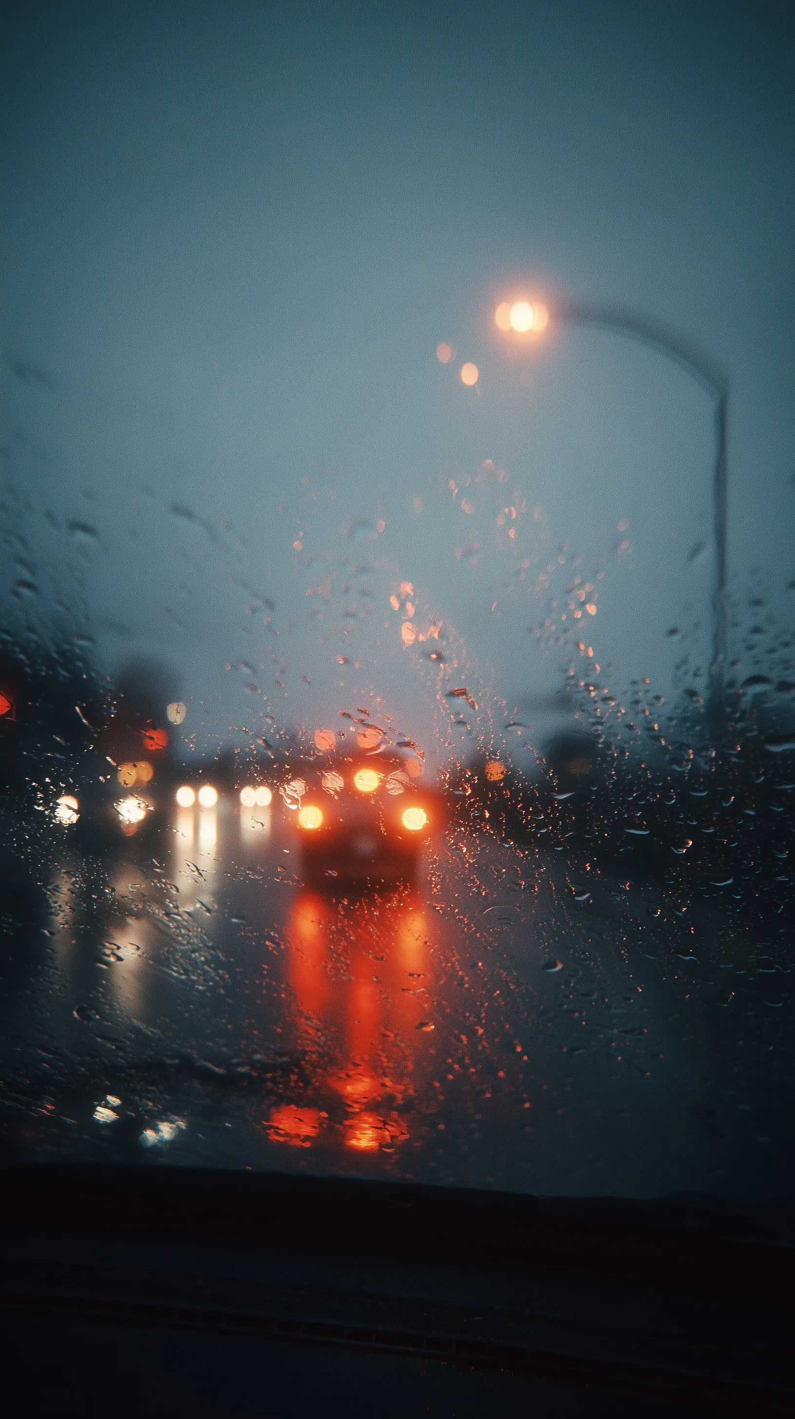 View from inside a car on a rainy sunrise with red bokeh city lights, film grain aesthetic, and nostalgic mood.