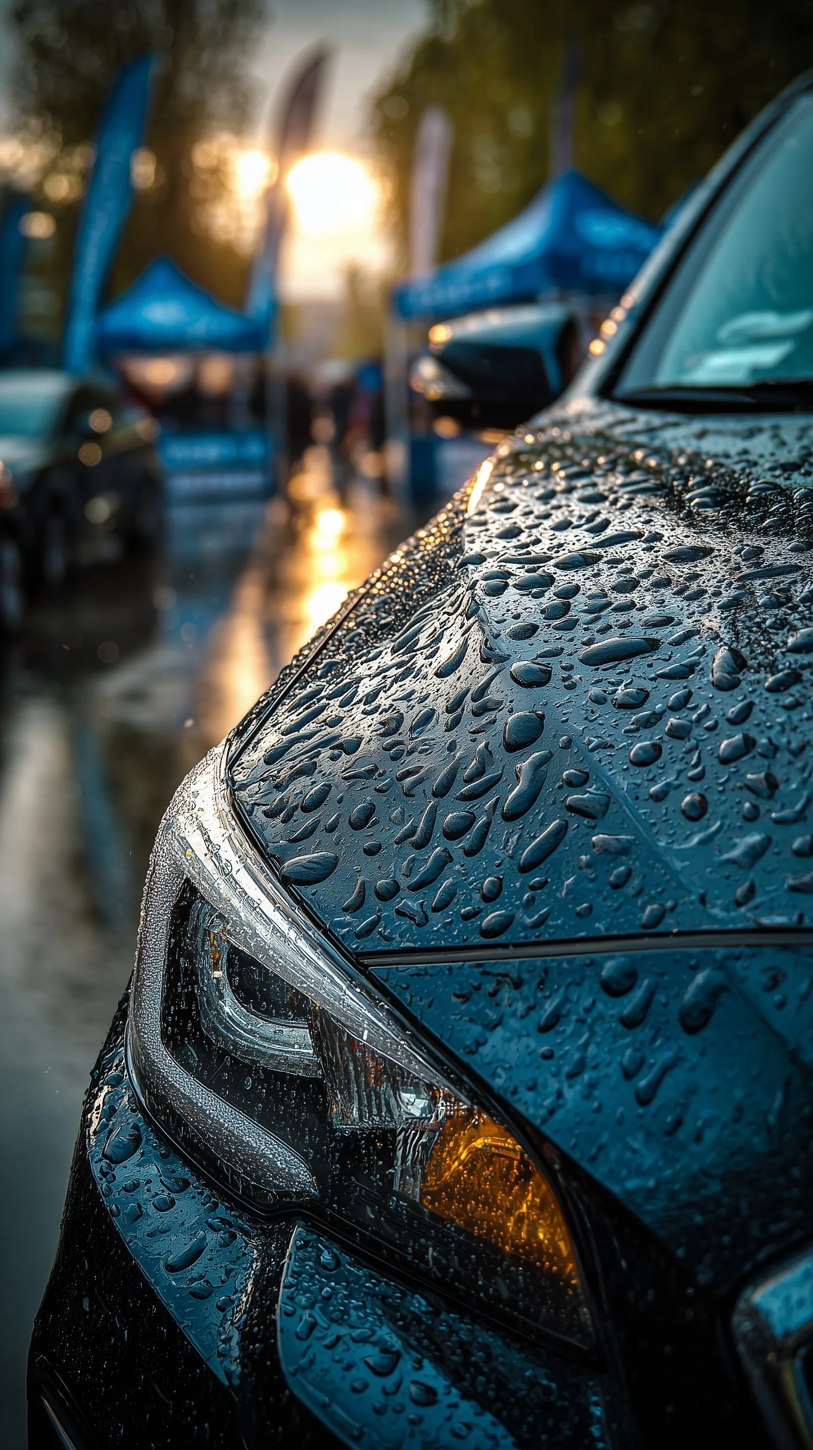 Close-up of rain droplets splashing on a black car hood at an outdoor festival with a blurred background.