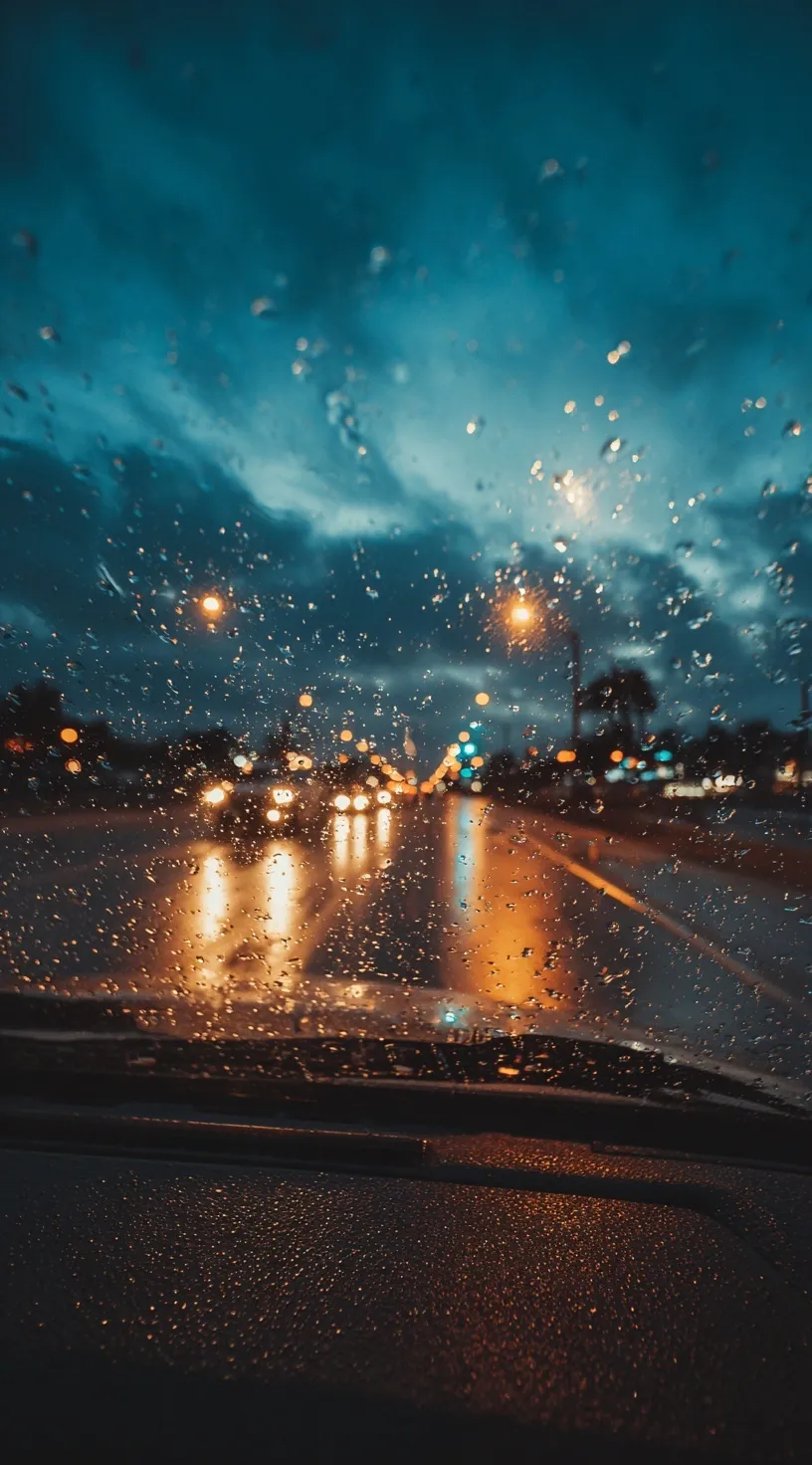 View from inside a car driving on a rainy night with glowing city street light reflections on a wet road.
