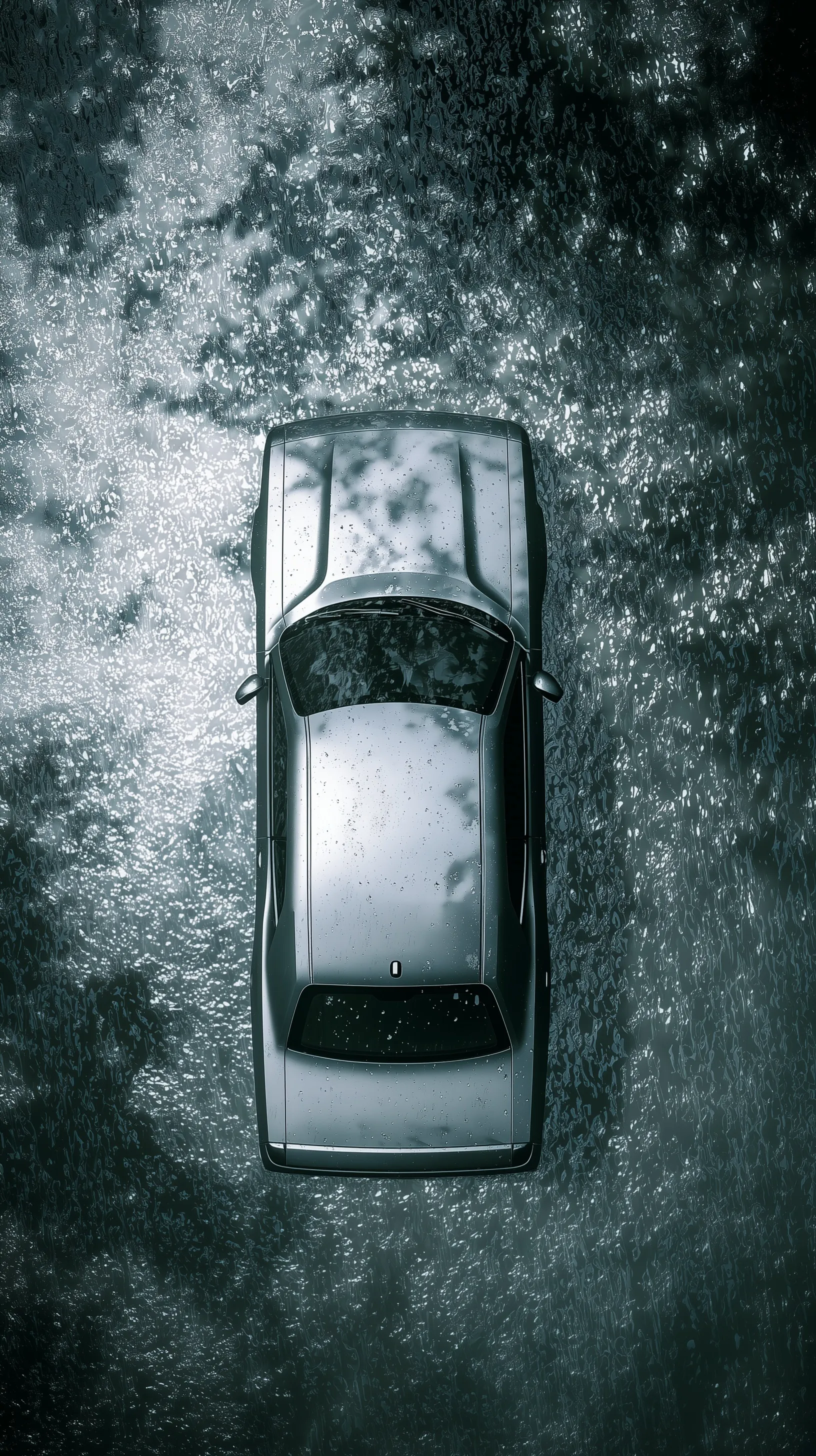 A top-down view of a Dodge Challenger under a veil of rain with shimmering liquid reflections on the car body.
