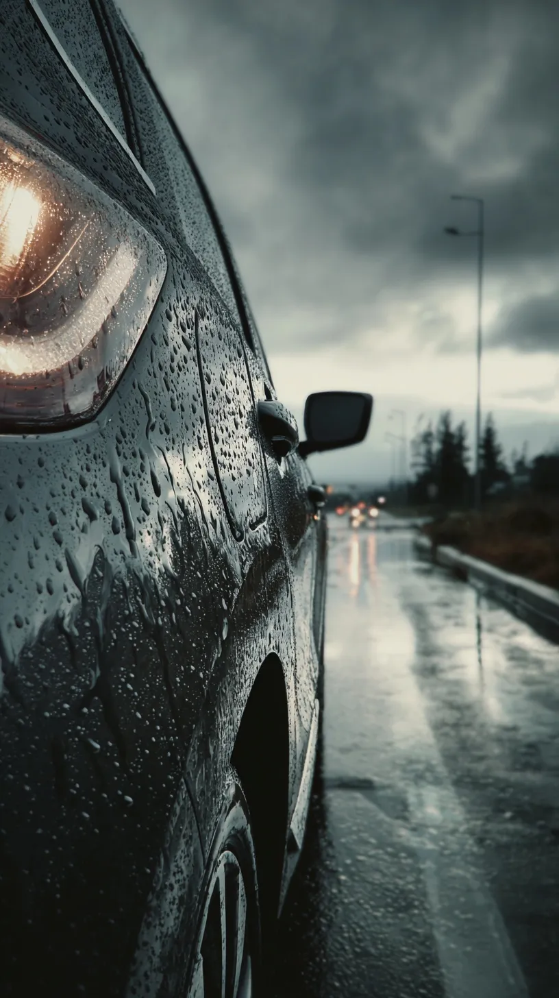 A Renault Grand Scenic parked on wet asphalt under a dark, cloudy sky with raindrops sliding down the car body.