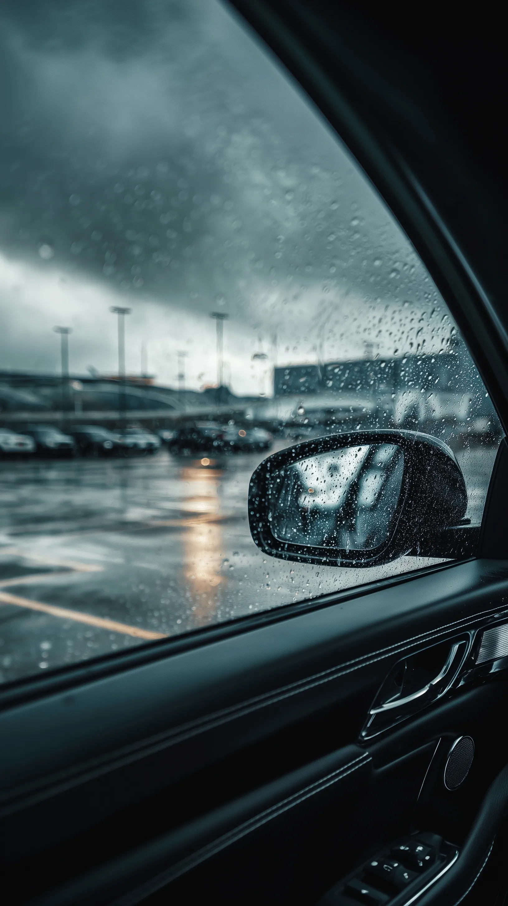 POV from inside a modern Jeep SUV, raindrops streaking down the side window against a blurred rainy parking lot.
