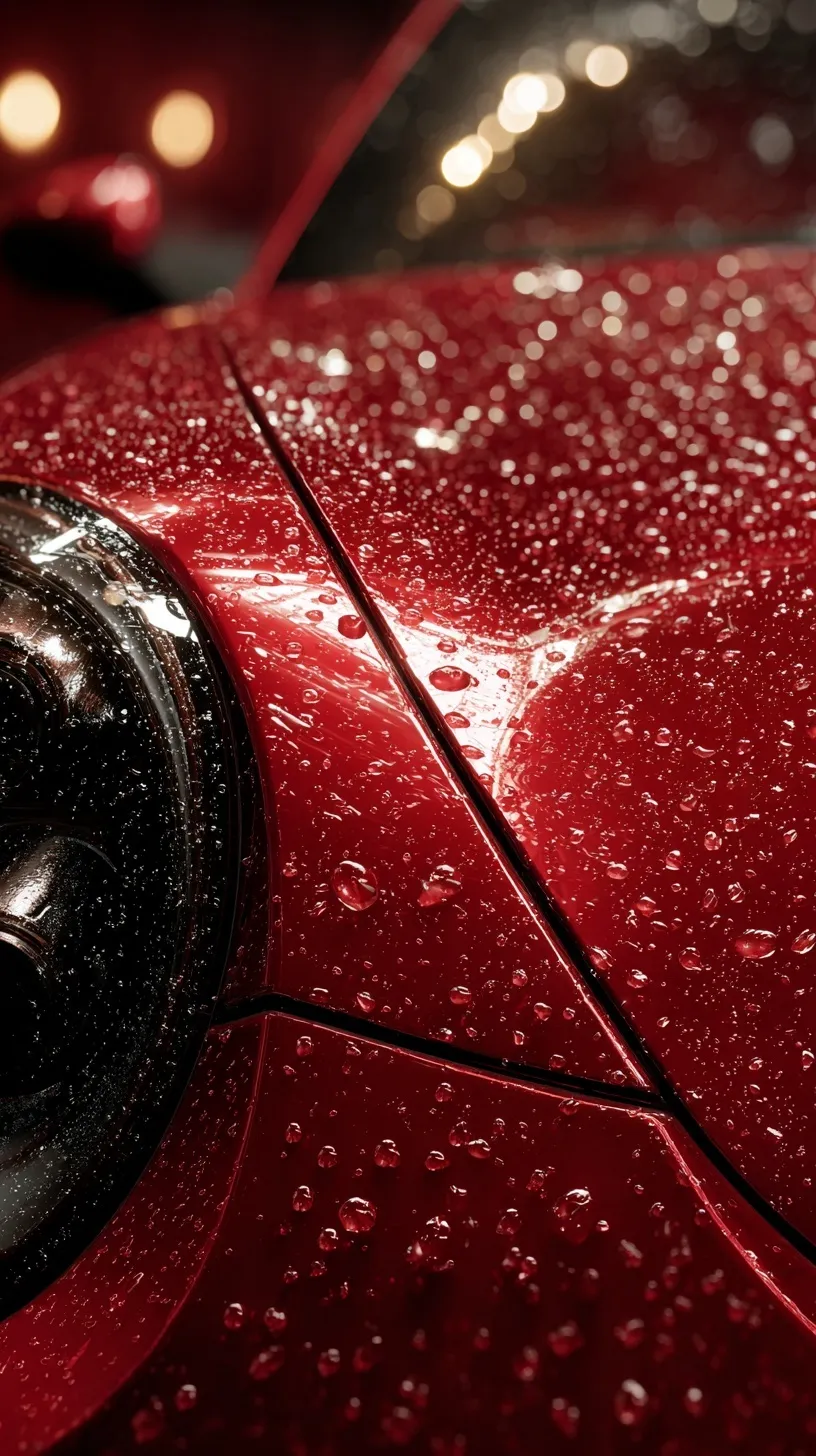 Close-up of a glossy red car bonnet with rain water beading showing a hydrophobic effect under cinematic lighting.