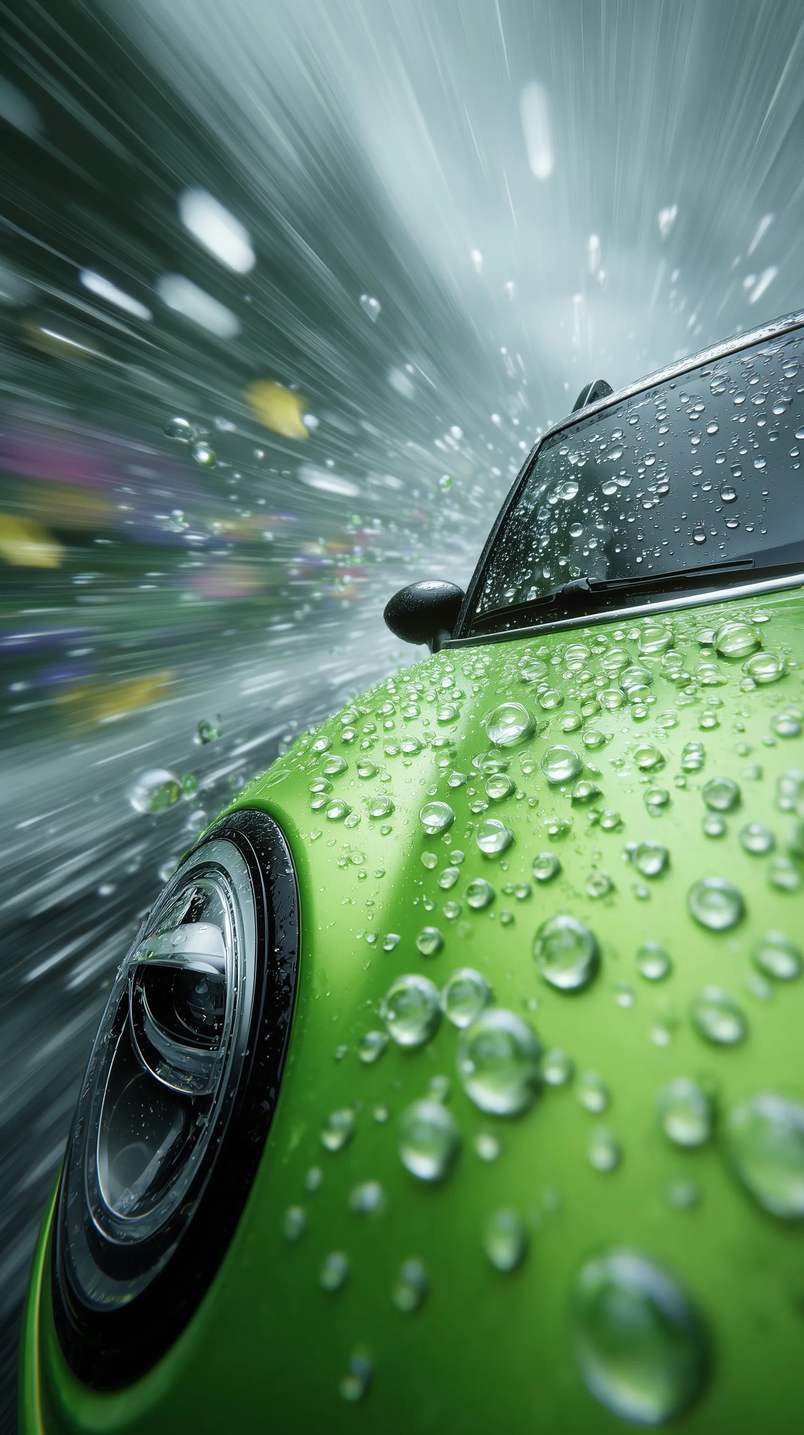 A sleek green SUV driving fast on a rainy road with hyper-realistic hydrophobic water beads on the glossy hood.