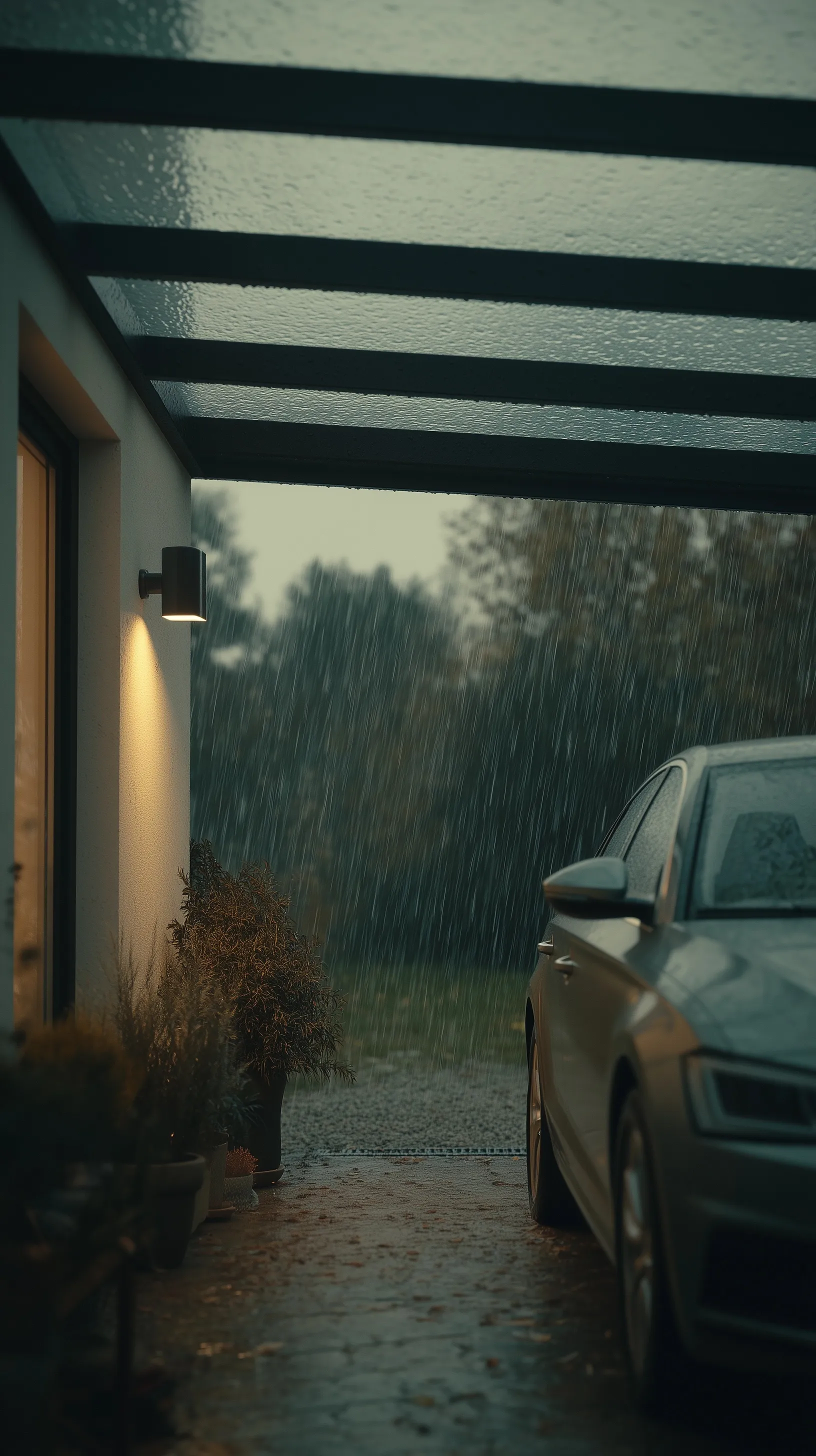 Silver car parked under a modern carport protected from heavy rain, viewed from inside a cozy home.