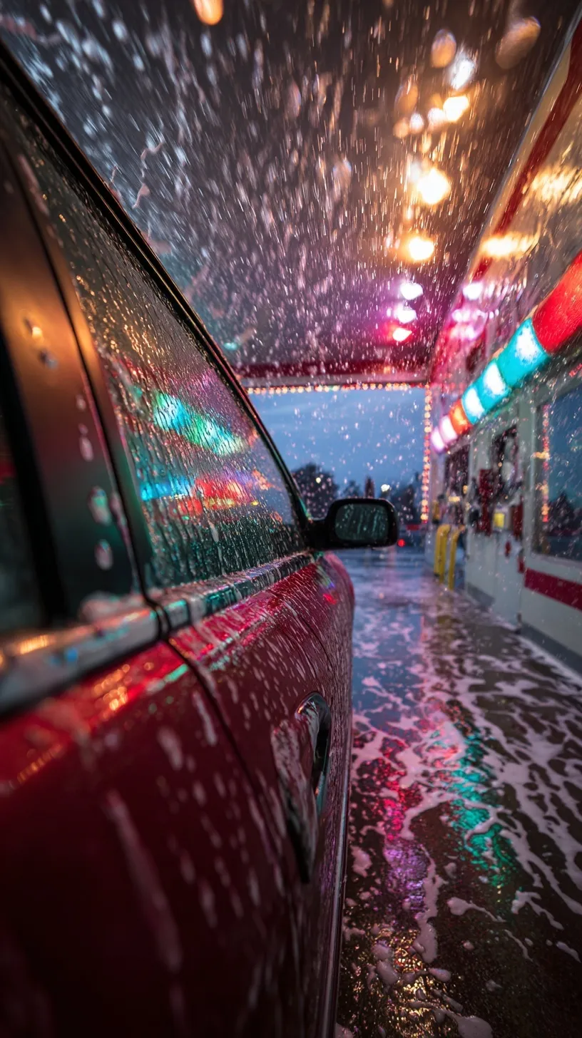 Artistic ultrawide shot of a red car in an automatic car wash with colorful lights and soap bubbles.