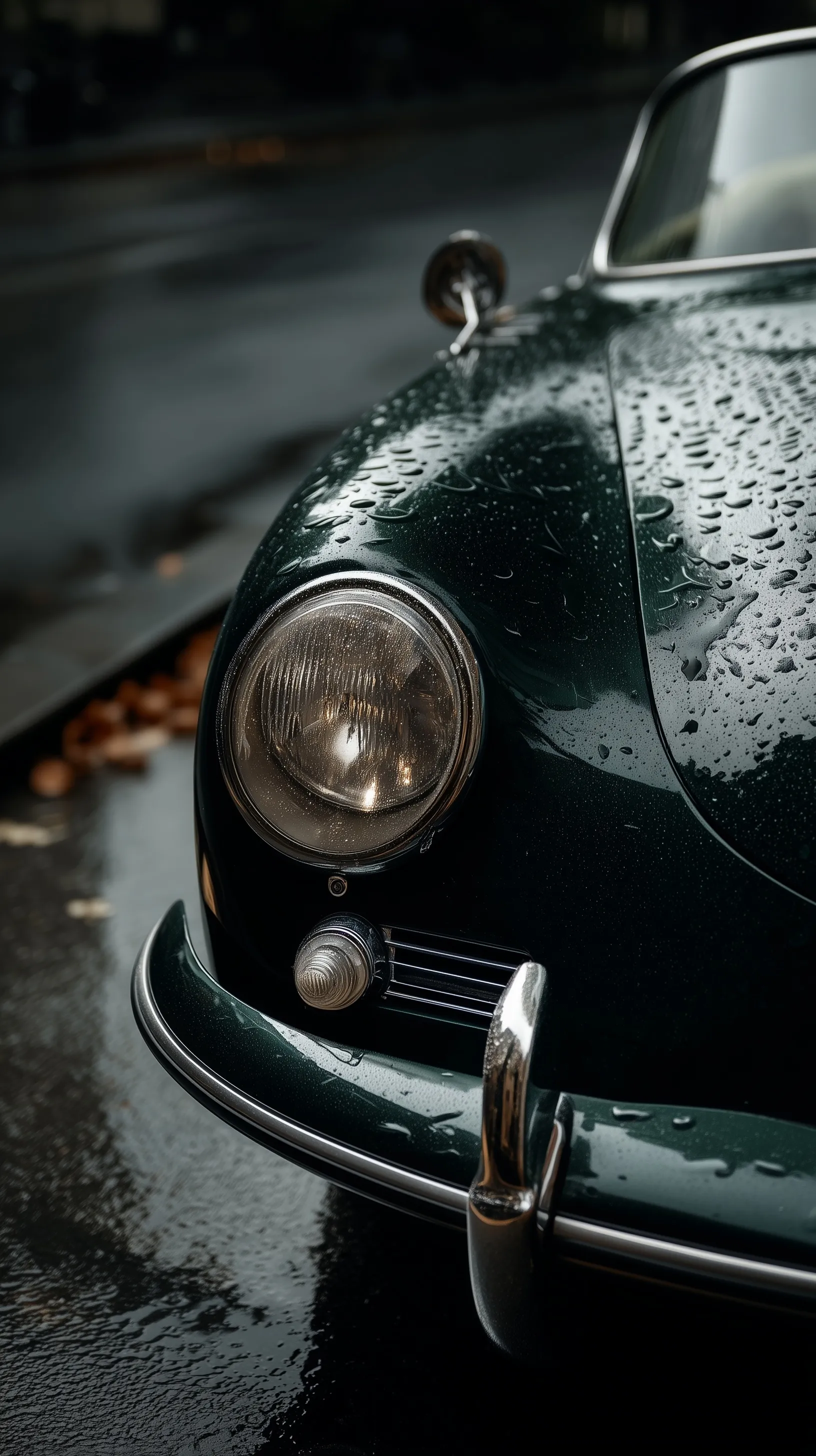 Close-up of a vintage dark green Porsche 356 headlight covered in raindrops on a rainy Berlin street.