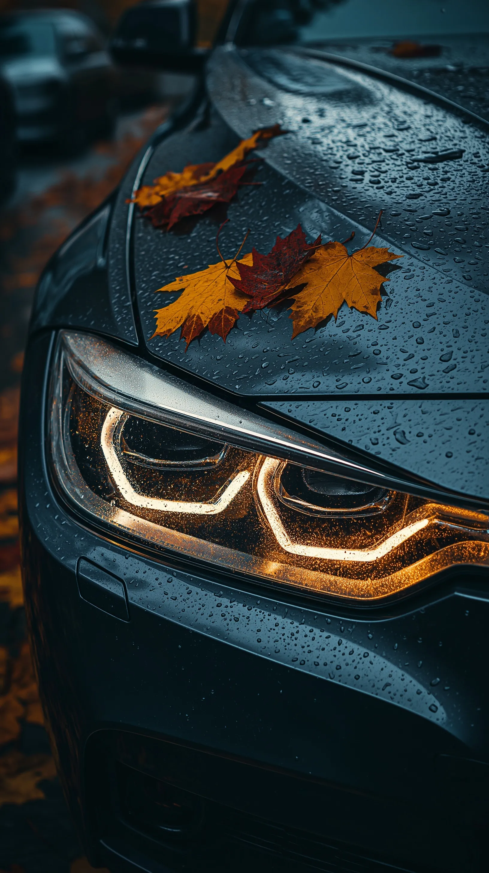 Macro close-up of a BMW G30 headlight with colorful autumn leaves on the hood during a rainy day.
