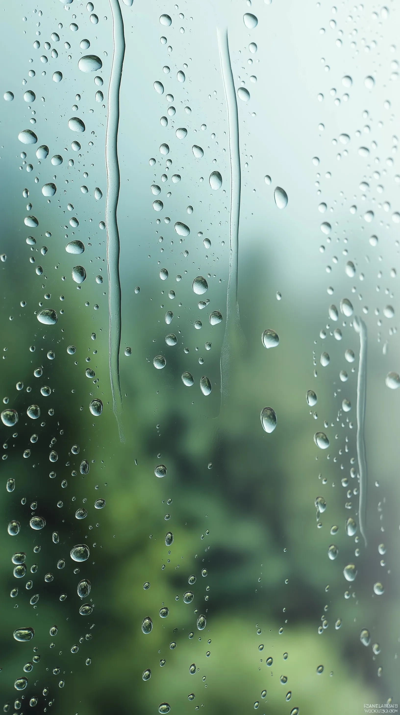 Raindrops on a glass wall with a blurred green forest background, featuring soft blue water droplets and reflections.
