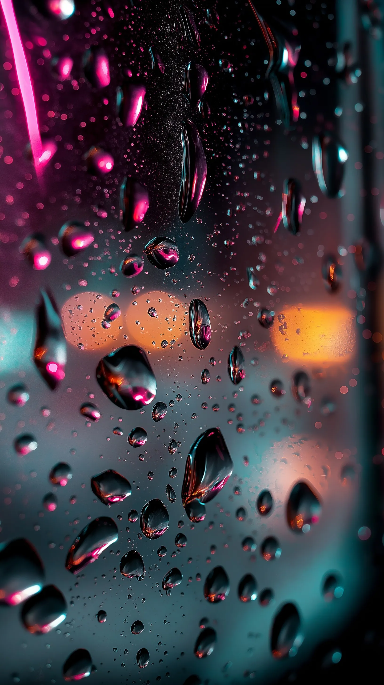 Macro shot of hyper-realistic raindrops on matte black glass with glowing neon electric lines and moody reflections.