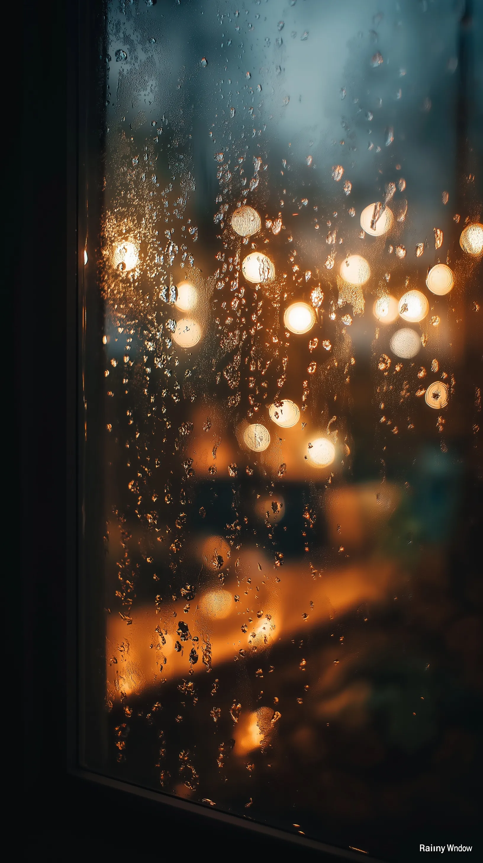 Raindrops sliding down a windowpane with soft blurred background lights creating a cozy and cinematic atmosphere.