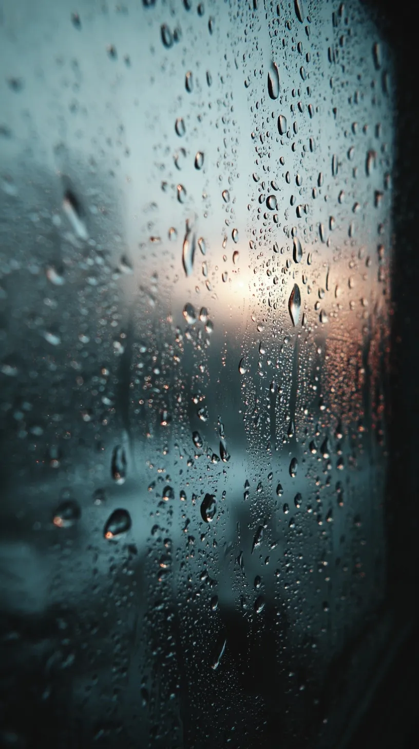 Close-up of raindrops trickling down a steamy glass window pane with soft natural lighting.
