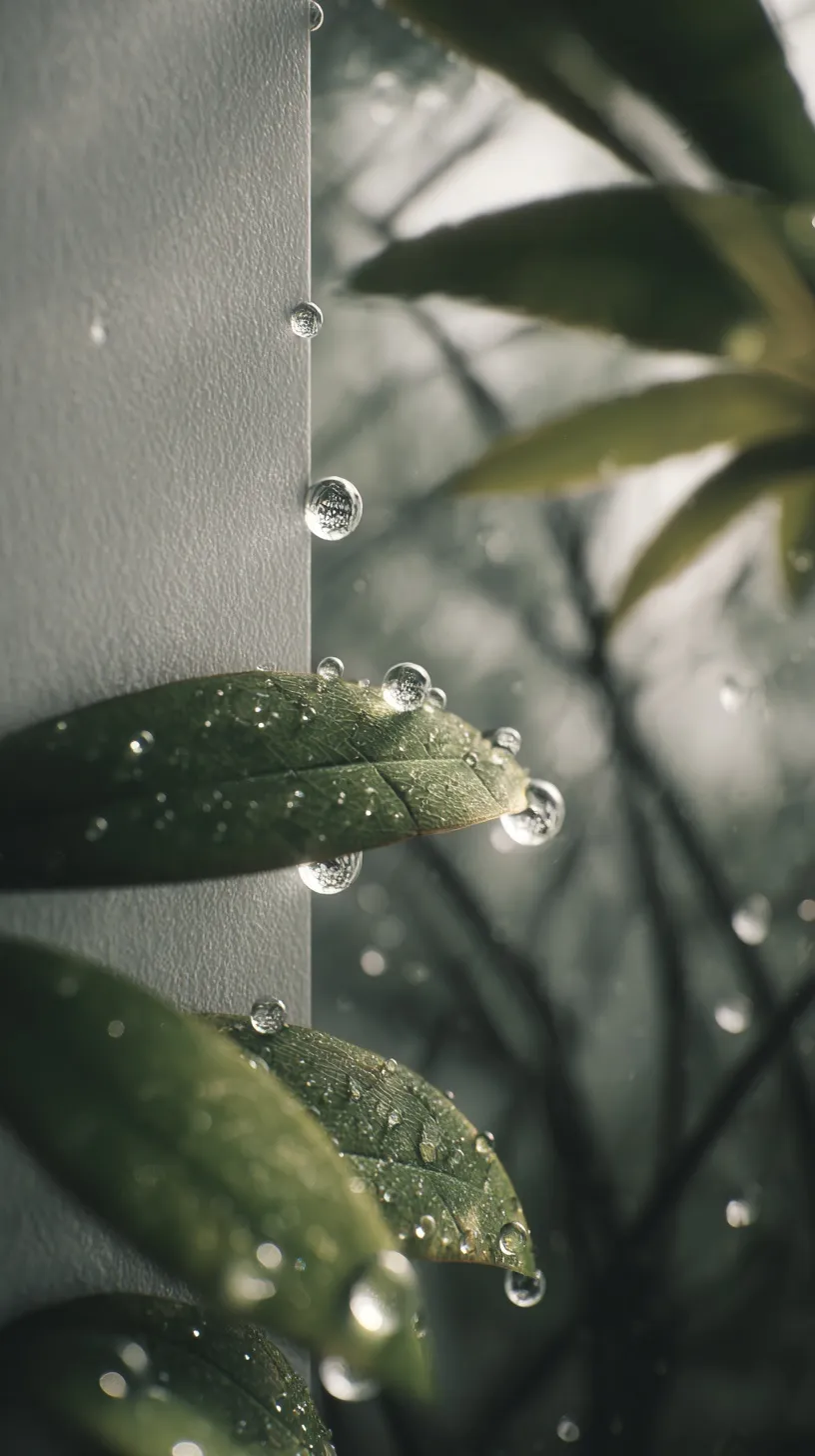Macro close-up of sparkling dewdrops on a window glass with green leaves and misty forest background.