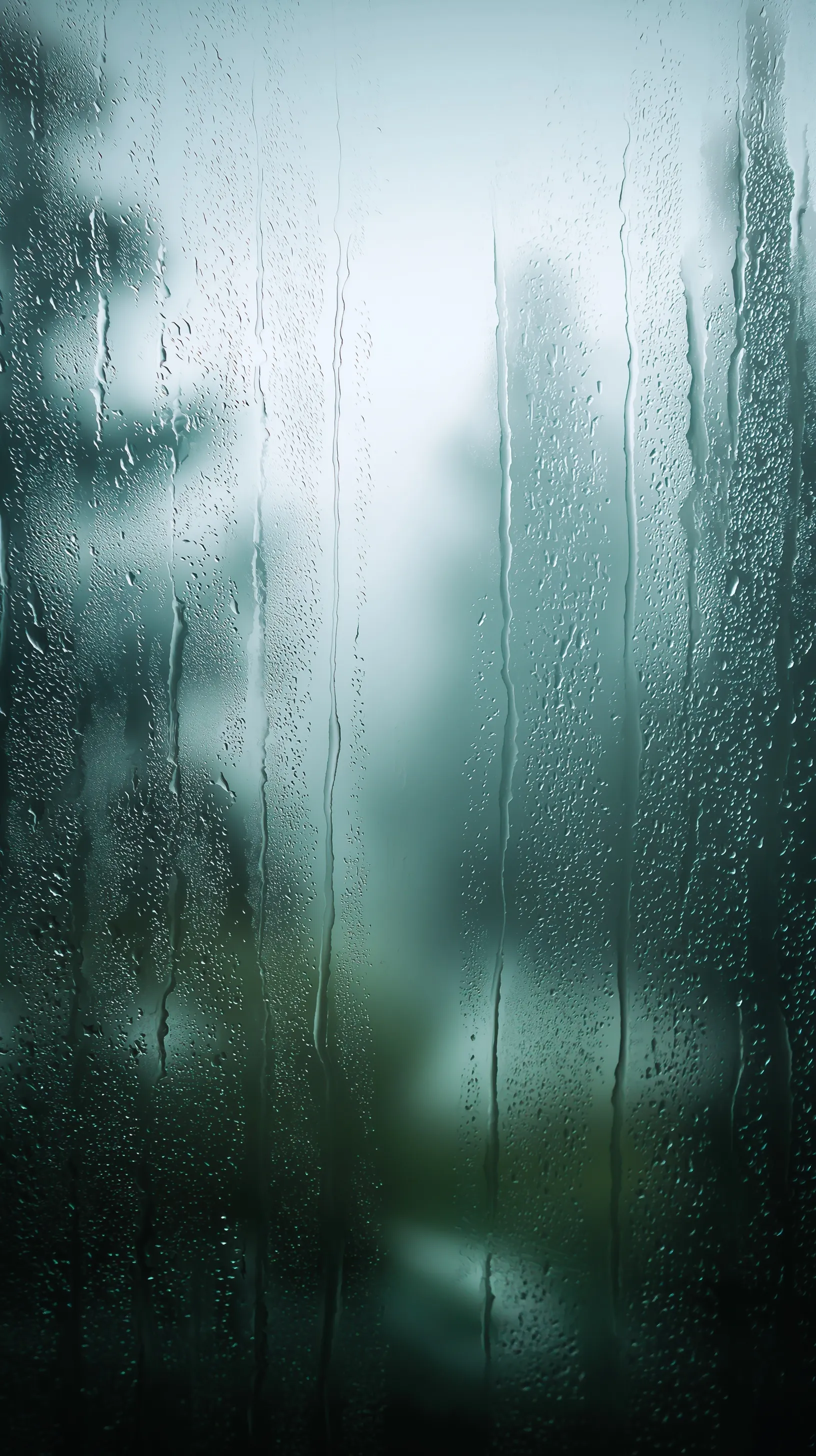 Close-up of raindrops and condensation streaks on a foggy window with a soft, blurred forest background.