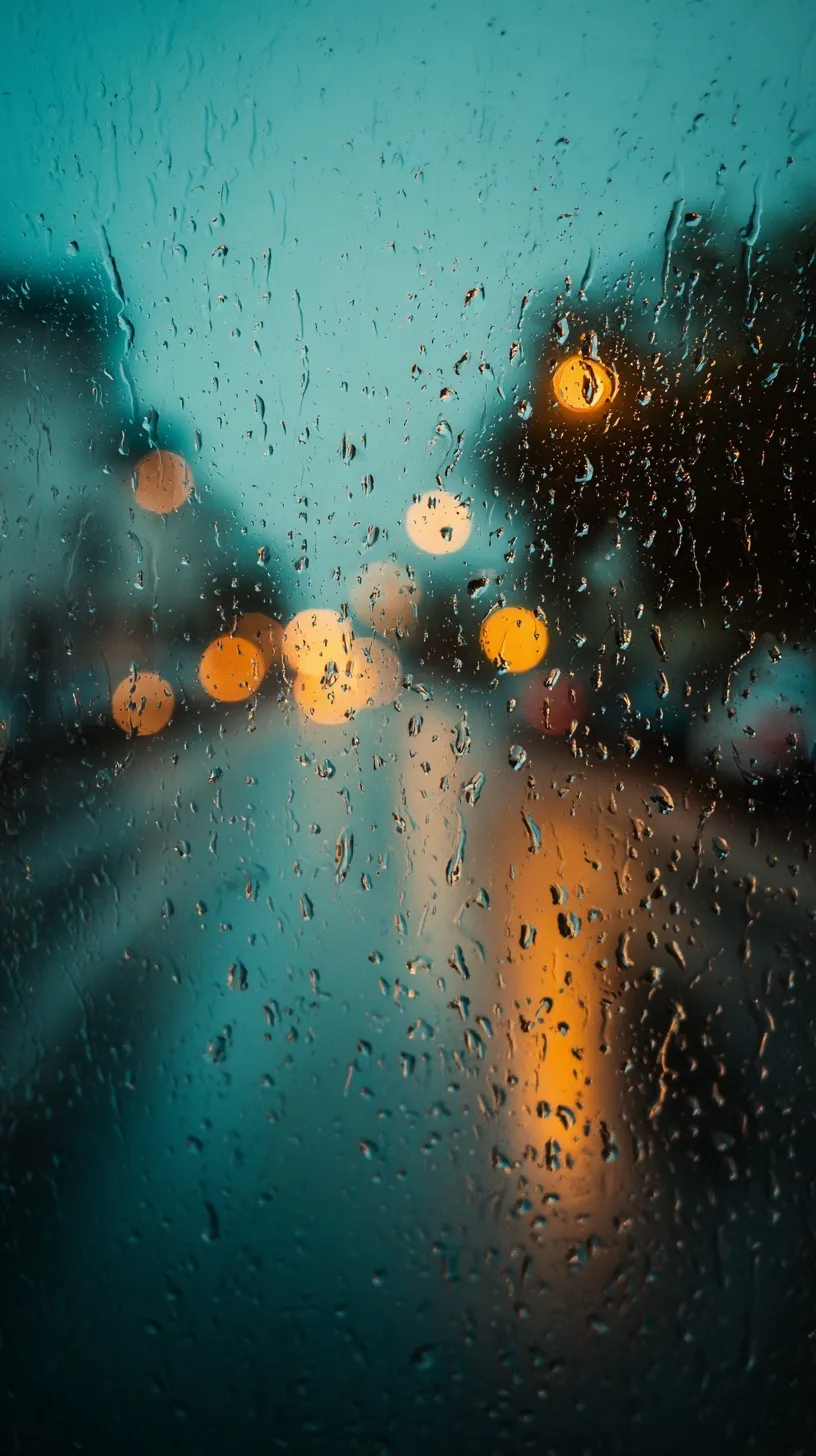 Macro shot of raindrops on a window with soft street bokeh in a dreamy teal and yellow nostalgic film style.