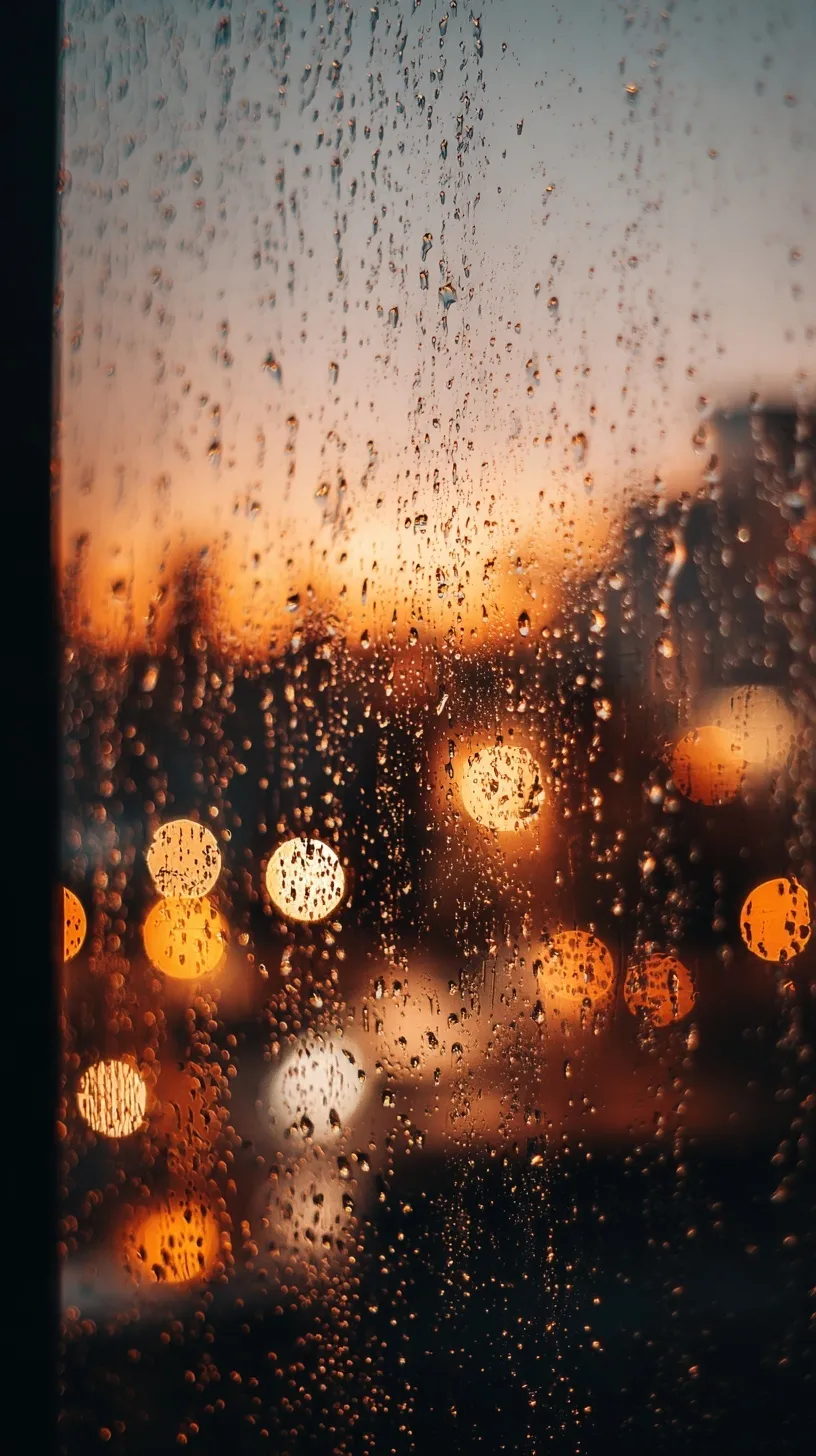 Raindrops on a window with golden hour city lights and a cozy autumn aesthetic in soft focus.