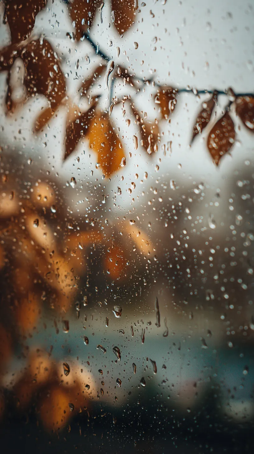 Close-up of raindrops on a window with blurred autumn leaves in warm gold and brown tones.