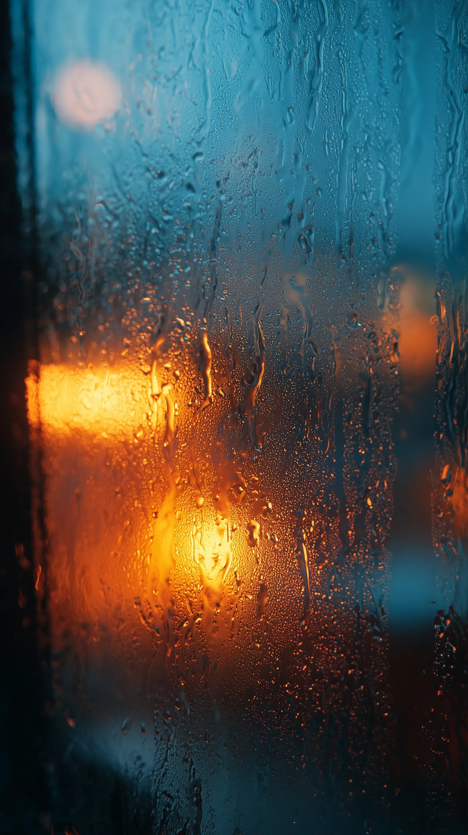 Extreme macro of heavy rain droplets on glass with moody blue storm background and warm interior reflections.