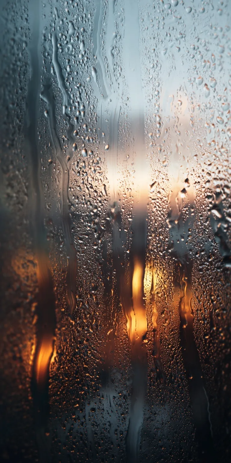 Close-up of rain streaks and droplets on a wooden window pane with soft, moody natural light.