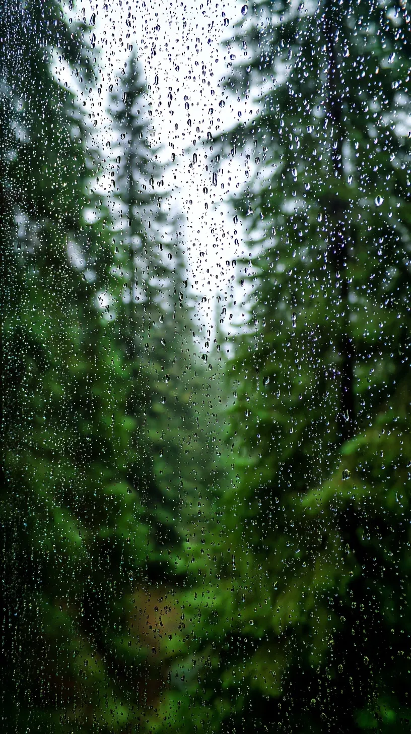 Raindrops on a windowpane looking out at a peaceful, lush green forest landscape in a romantic style.