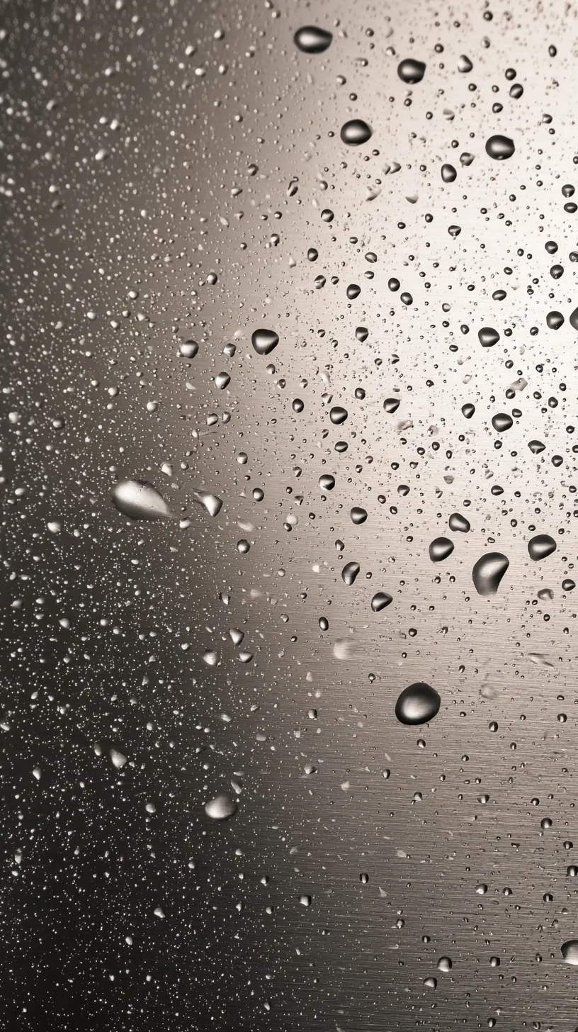 Close-up of water droplets on a stainless steel surface with small decorative stars against a solid background.