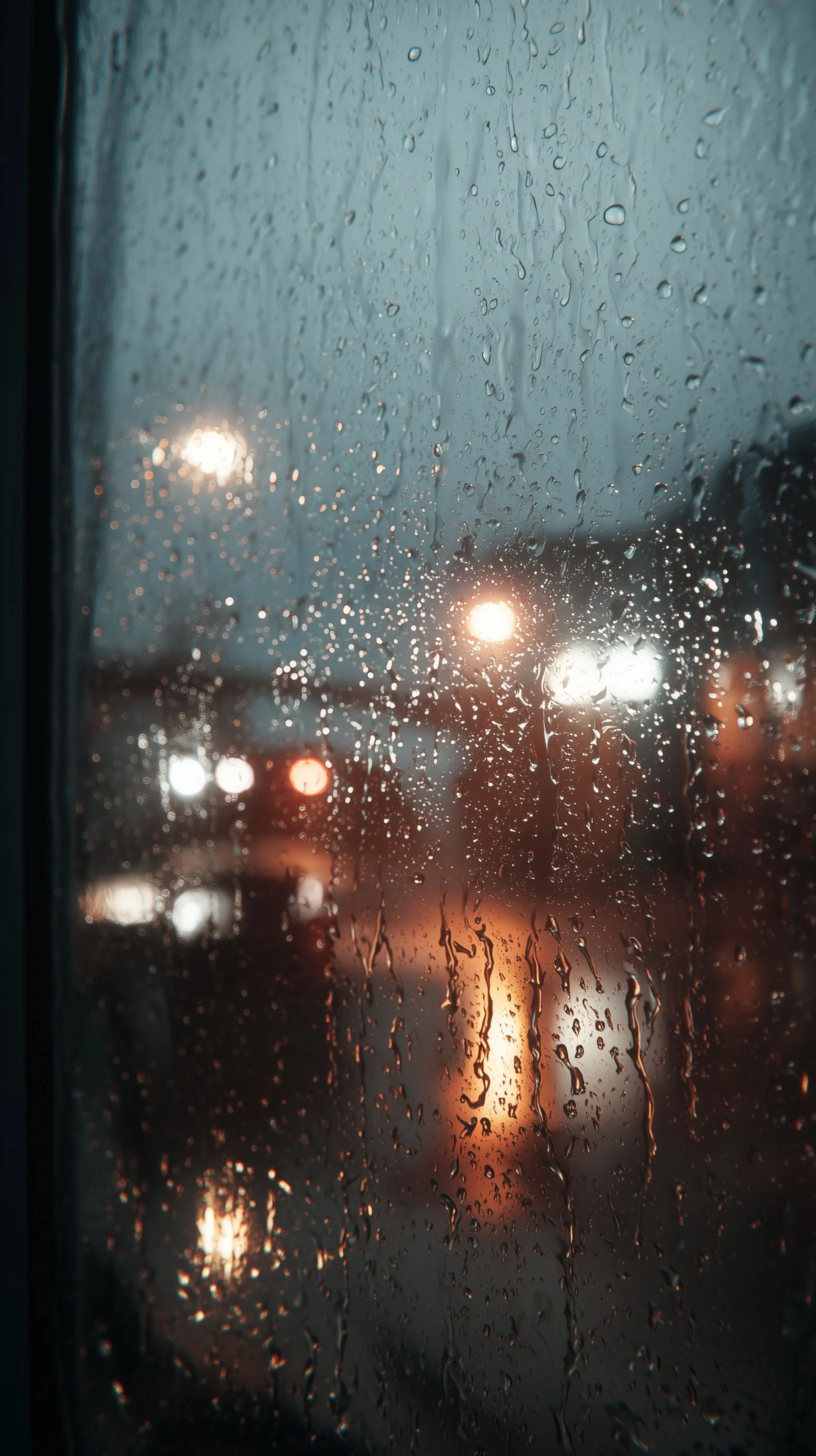 A clear raindrop resting on a glass windowpane with a blurred rainy outdoor background.