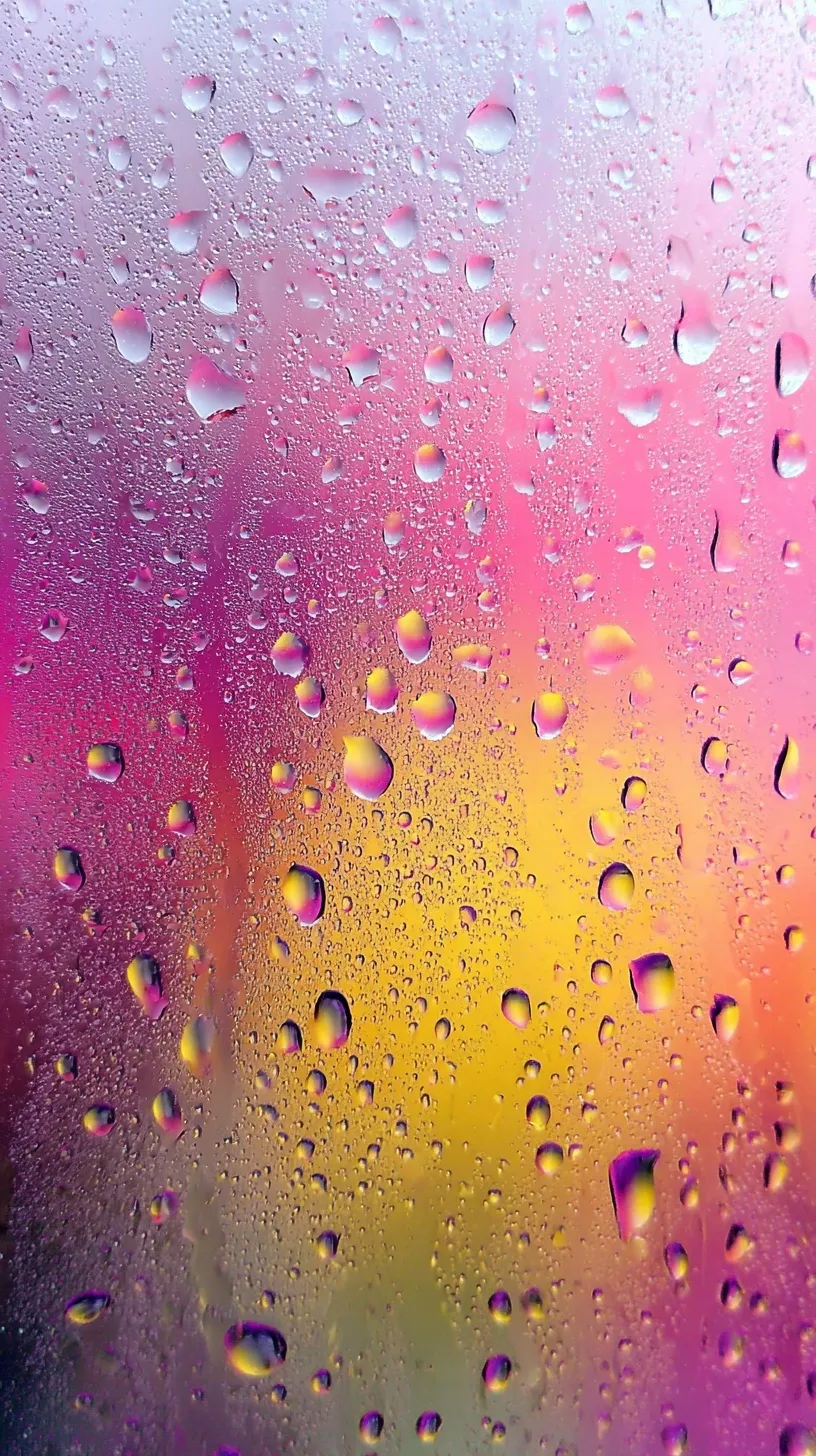 Colorful raindrops in purple, pink, and yellow hues on a frosted glass surface.