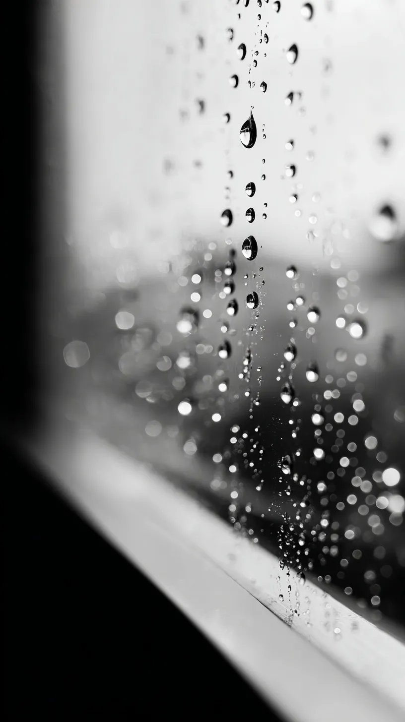 Close-up of water droplets on a window glass with soft, moody natural light.