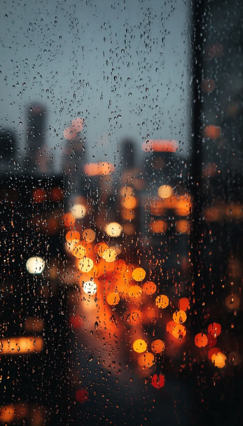 A clear raindrop on a window pane with a soft, out-of-focus city light bokeh background.