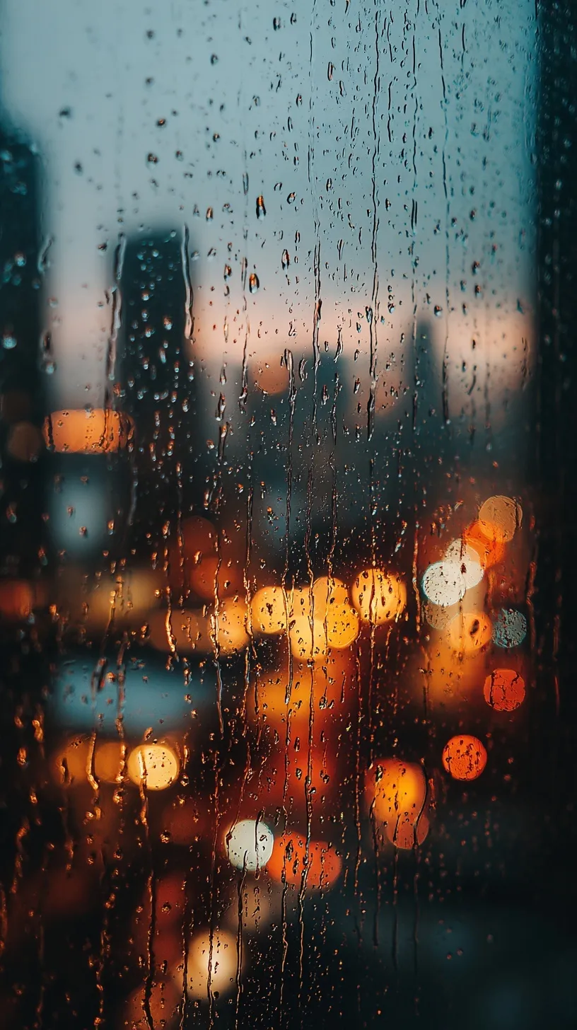 Raindrops on a window pane with a blurred, glowing bokeh cityscape background at dusk.