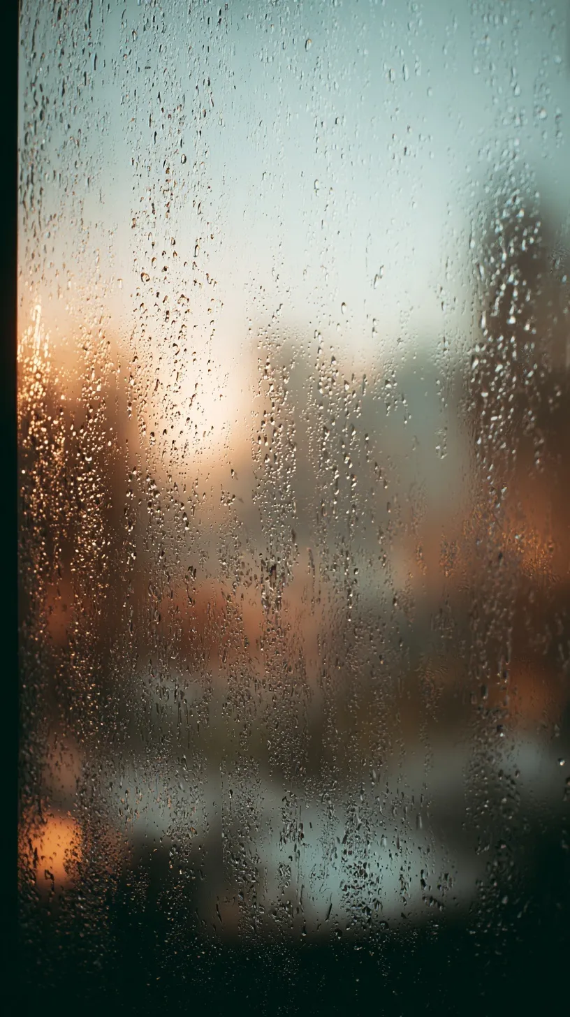 Close-up of gentle raindrops on a glass window with soft cinematic reflections and a calm, introspective mood.