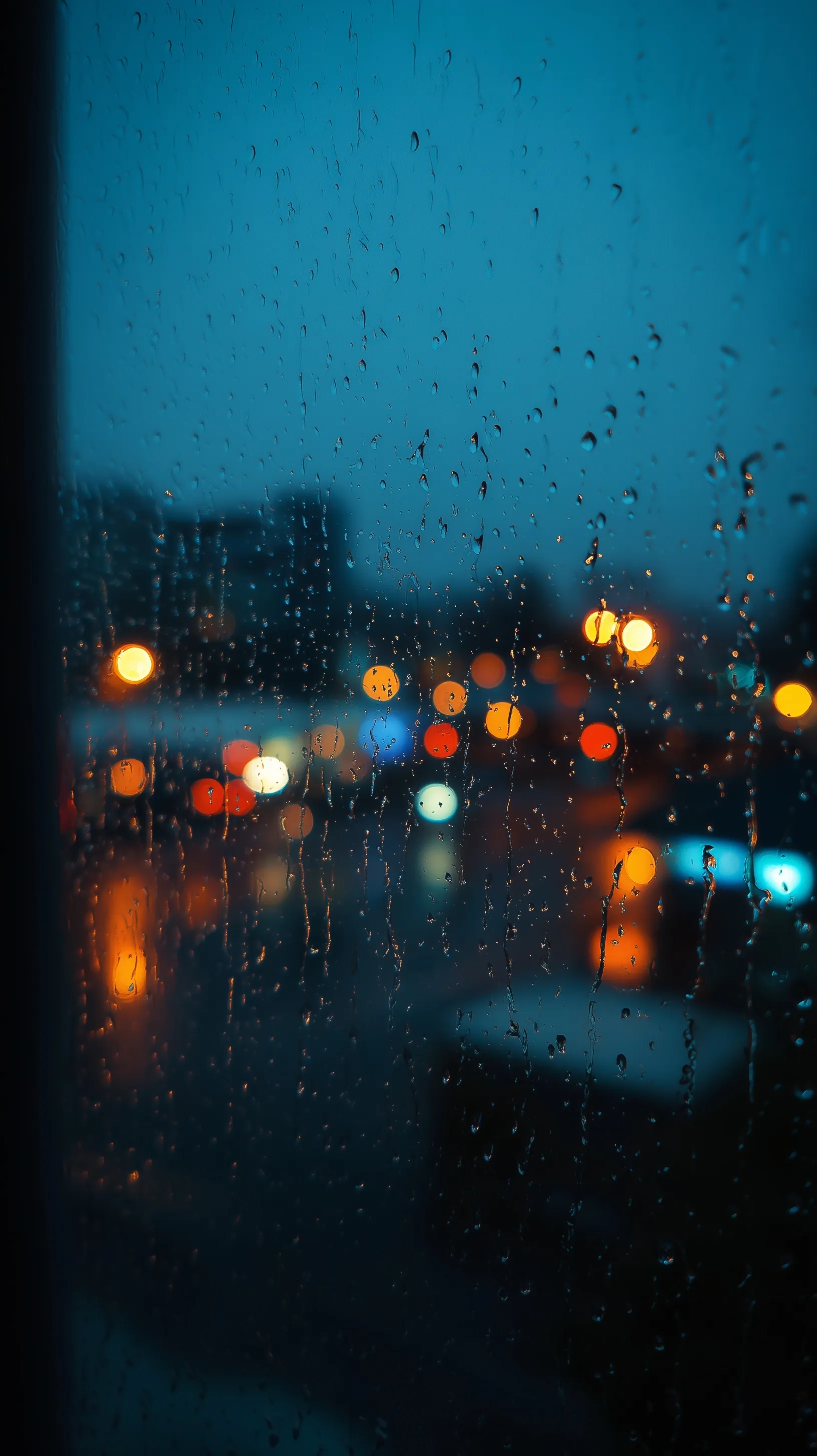 Raindrops on a window with blurred city lights bokeh in a cozy evening atmosphere, shot on iPhone.