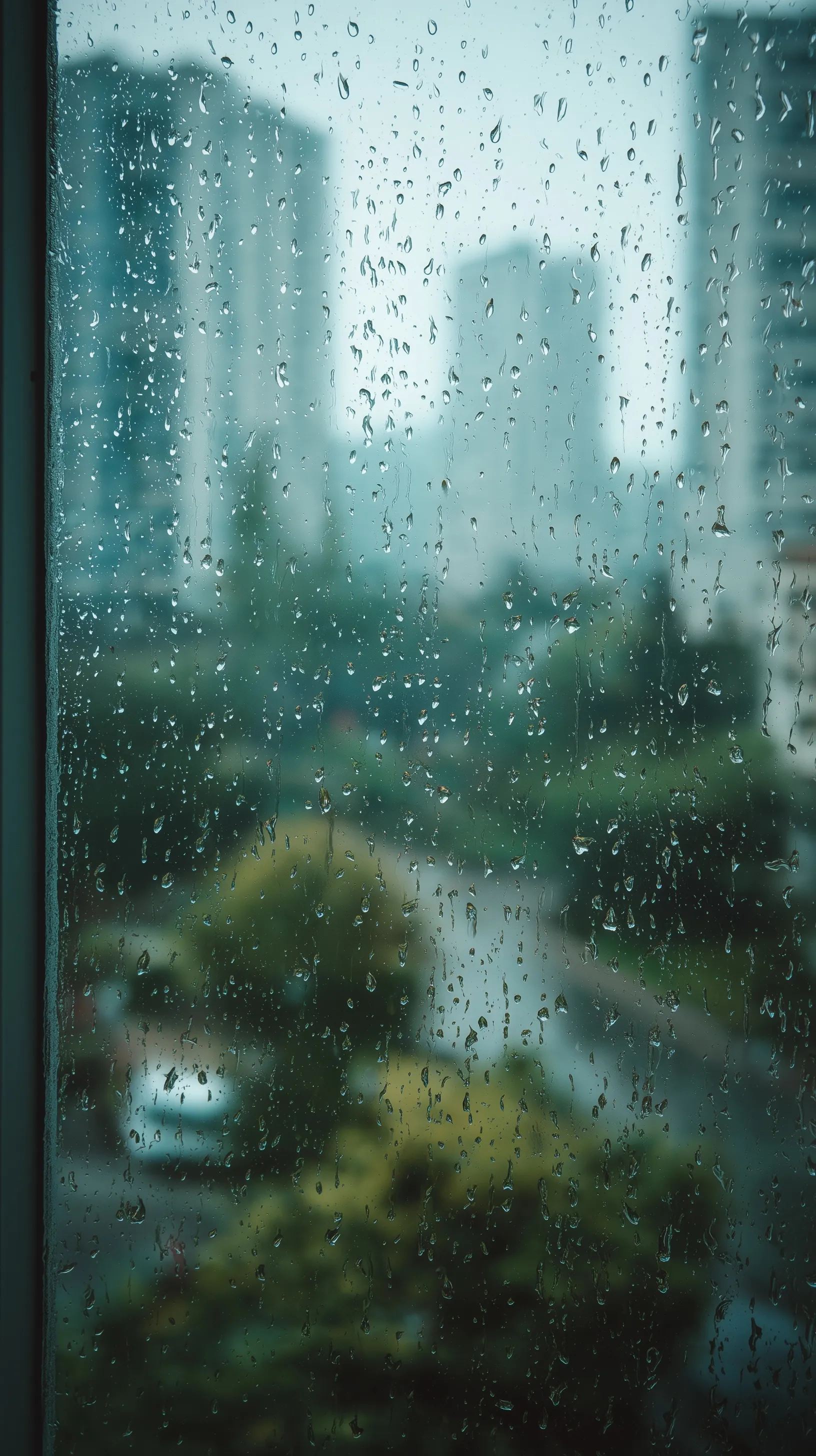 Raindrops on a modern window with blurred green trees and a soft urban background in cinematic blue daylight.