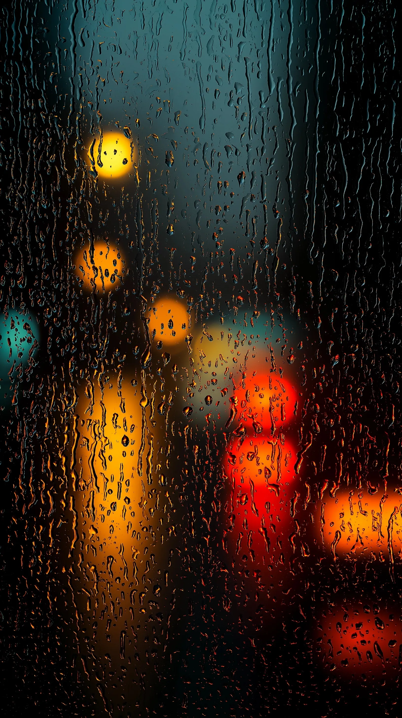 Raindrops on frosted glass during heavy rain, creating high-contrast dark atmospheric patterns for moody backgrounds.