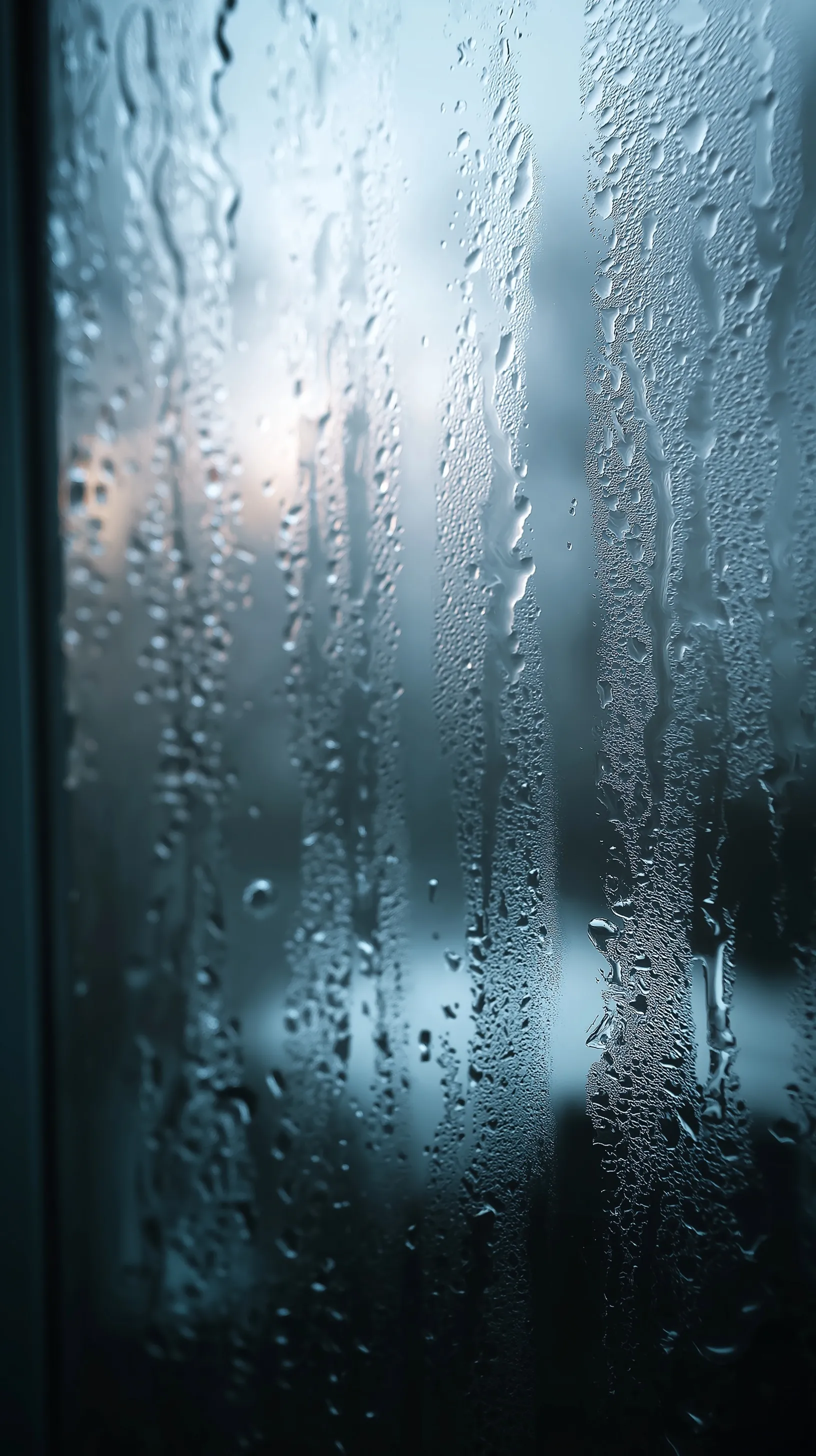 Close-up of vertical raindrops and condensation streaks on a foggy, grey glass window in a serene, cool atmosphere.
