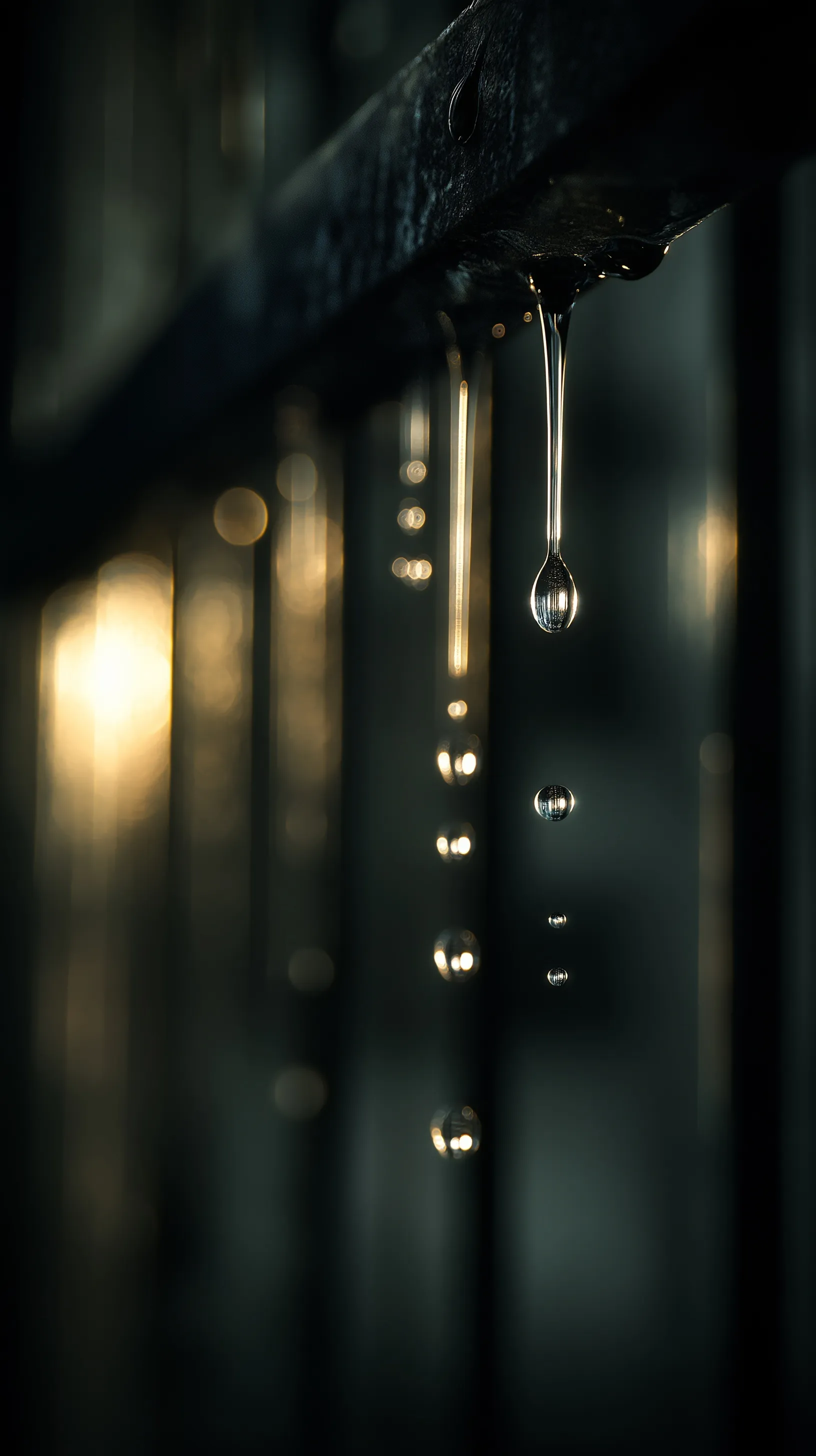 Cinematic macro close-up of water droplets dripping on a dark, moody prison cell window with dramatic lighting.