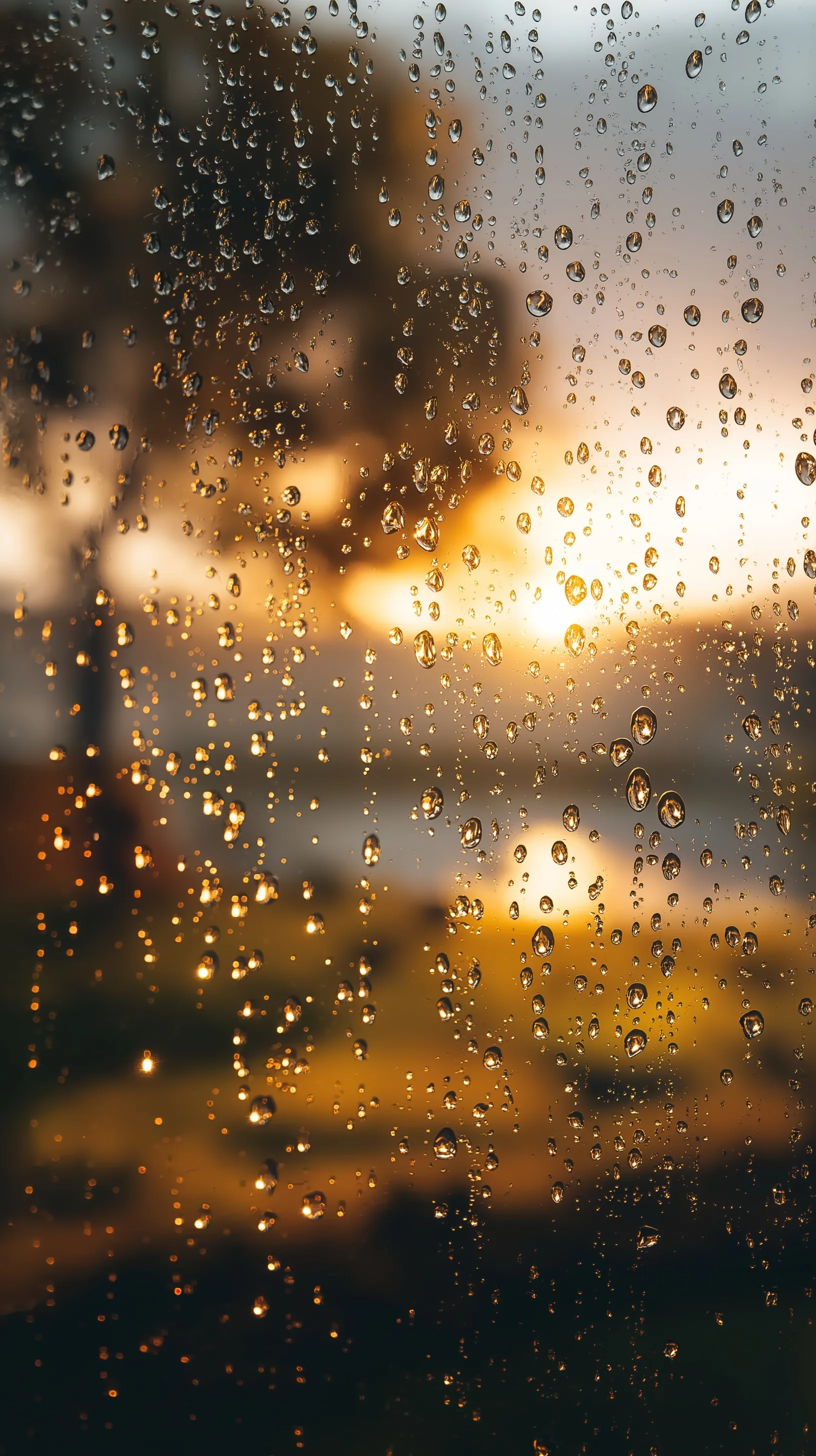 Raindrops on a window with blurred nature background and golden light, creating a calm and cozy cinematic atmosphere.